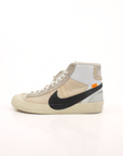 Nike x Off-White Blazer shoes with white leather upper, orange zip tie, and signature design details.
