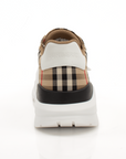 Gold & Beyond Burberry Check Trainers, stylish shoes featuring iconic plaid pattern and comfortable sneaker design.
