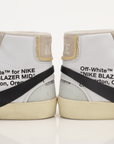 Nike x Off-White Blazer shoes featuring white leather, signature design details, and branding, displayed on a white background.