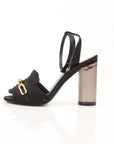 Gold & Beyond Burberry Coleford black satin heels with gold chain detail, size 36, stylish and elegant women's shoes.