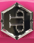 Pink patent leather Philipp Plein handbag with top handle, featuring gold accents and a stylish design.