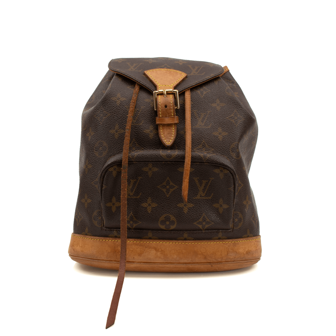Gold & Beyond Louis Vuitton Montsouris backpack, stylish travel bag with leather accents and adjustable straps, front logo detail.