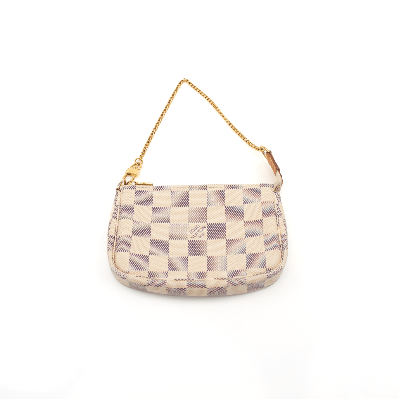 Louis Vuitton Mini Pochette wallet in monogram canvas with gold-tone hardware and a detachable chain strap.