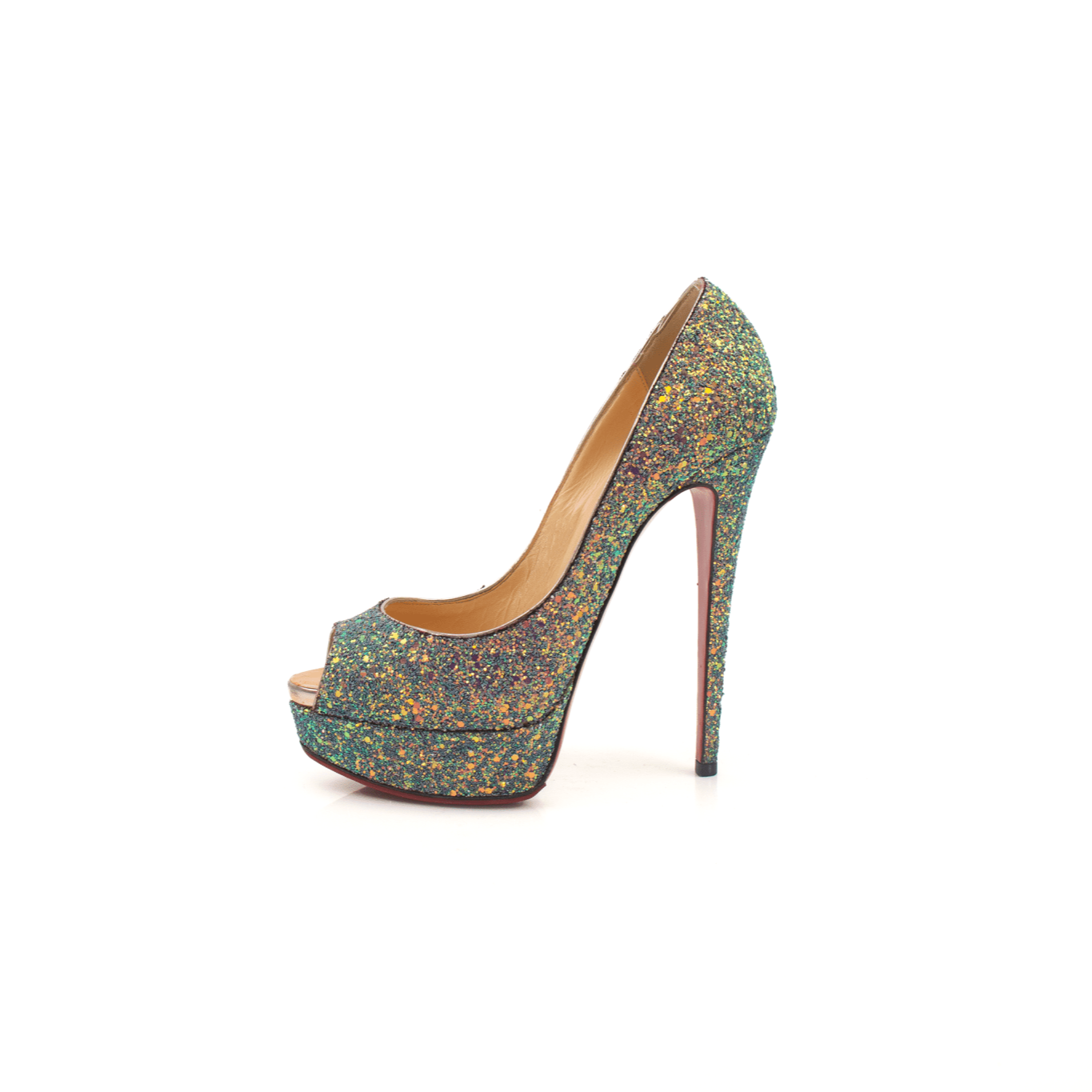 Gold & Beyond Christian Louboutin glitter peep heels with pointed toes and stiletto heels, adorned with sparkling glitter and elegant design.