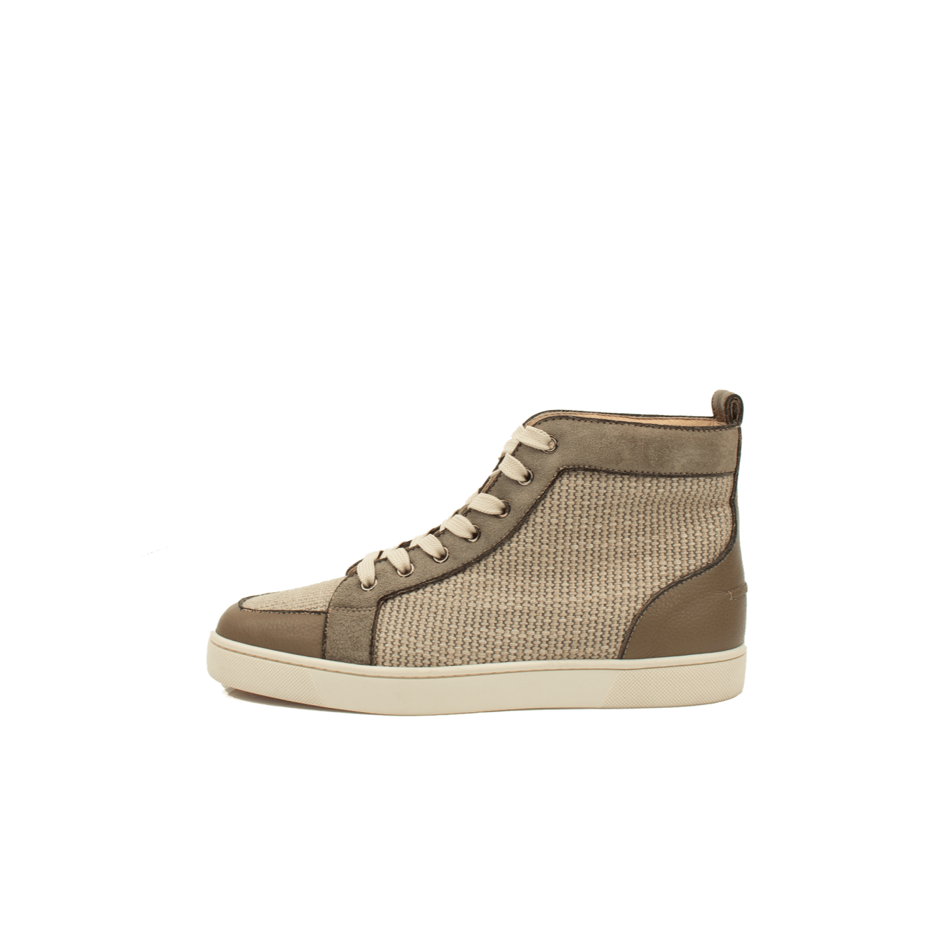 Christian Louboutin high top sneakers featuring black leather and signature red soles, stylish shoes by Gold & Beyond.