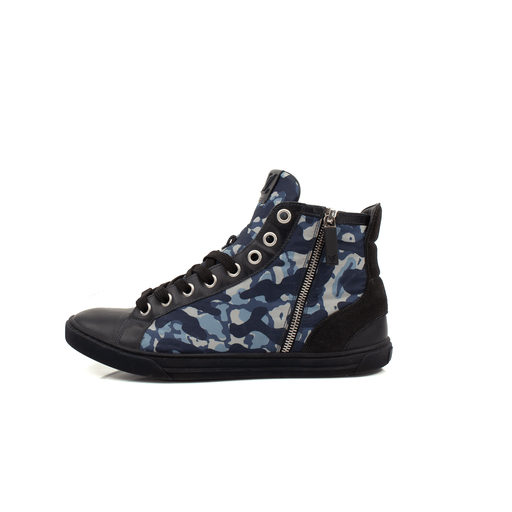 Gold & Beyond Louis Vuitton Paris Camo Sneakers showing stylish camouflage design and sporty shoe details.