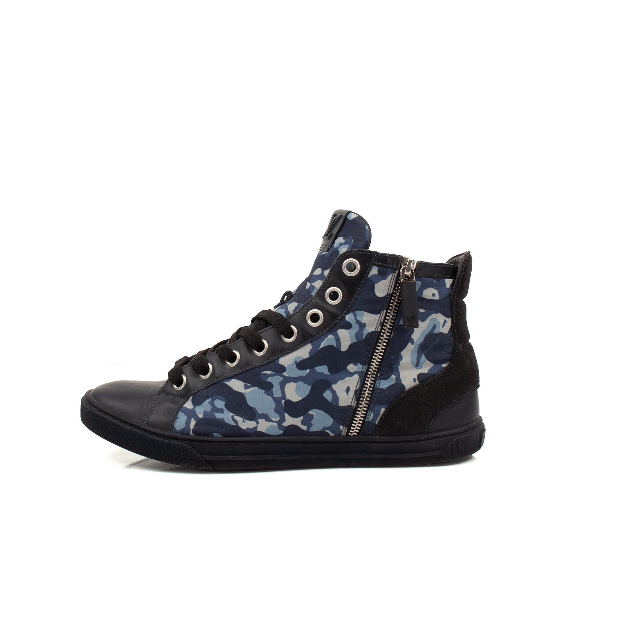 Gold & Beyond Louis Vuitton Paris Camo Sneakers showing stylish camouflage design and sporty shoe details.
