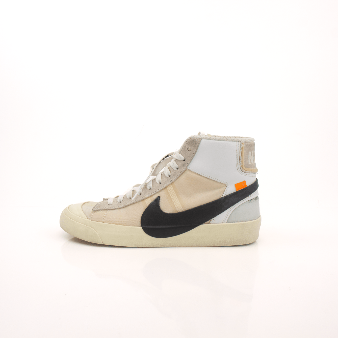 Nike x Off-White Blazer shoes in white and black with signature design details, displayed on a plain background.