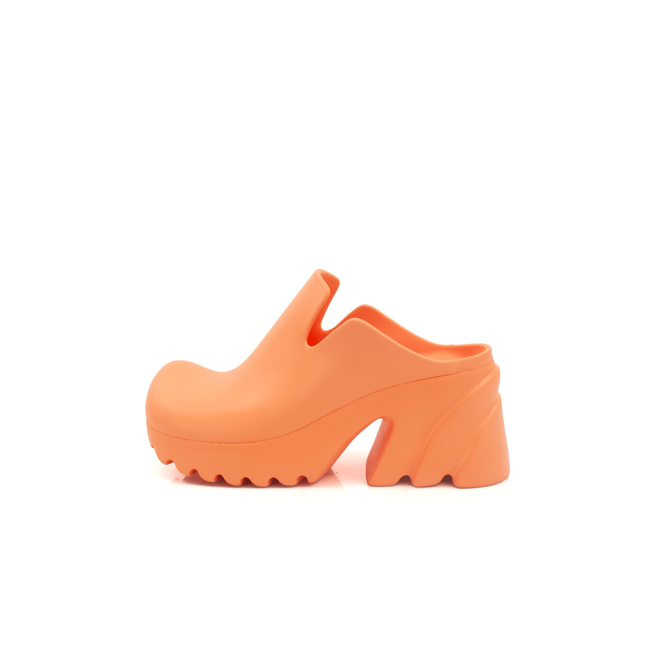 Orange Bottega Veneta rubber clog shoes with textured sole and slip-on design, displayed on a neutral background.