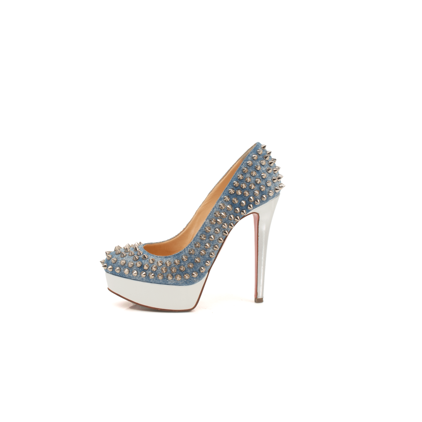 Christian Louboutin Bianca Spike Pumps heels with gold accents and signature red soles, featuring pointed toes and spike embellishments.