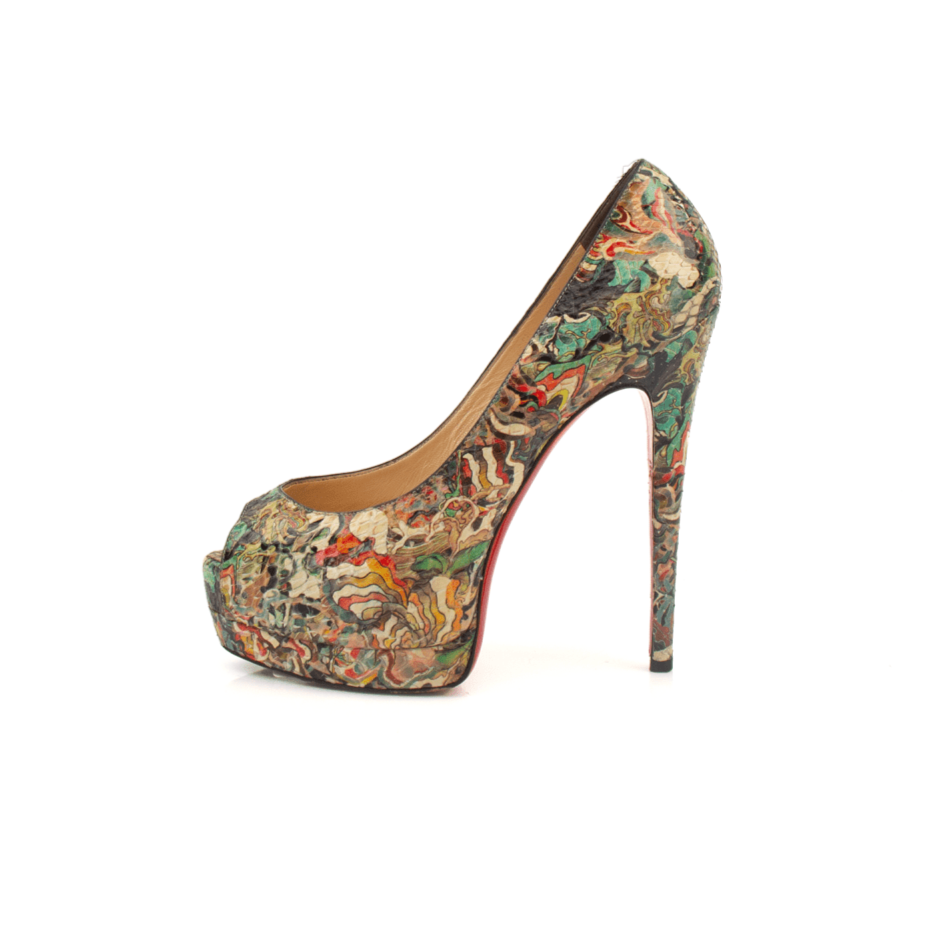 Christian Louboutin multicolor Palais pumps with pointed toes and signature red soles, displayed on a neutral background.