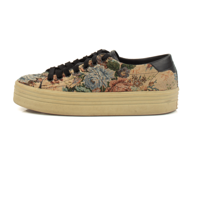 Gold & Beyond YSL Tapestry Sneakers, stylish shoes with vibrant tapestry design, showcasing detailed craftsmanship and modern sneaker style.