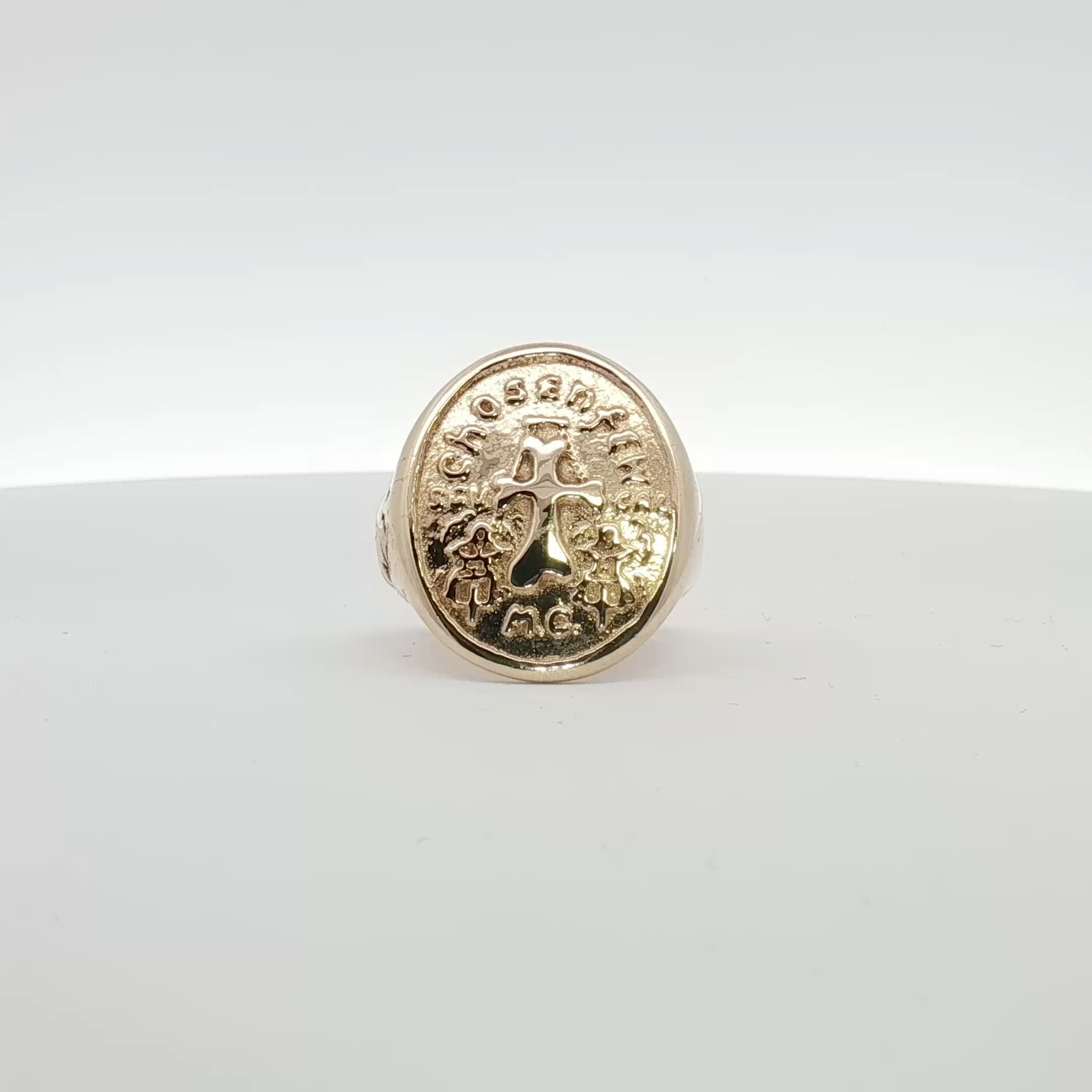 14K yellow gold cross coin ring with detailed design, showcasing a religious jewelry piece from Gold & Beyond.