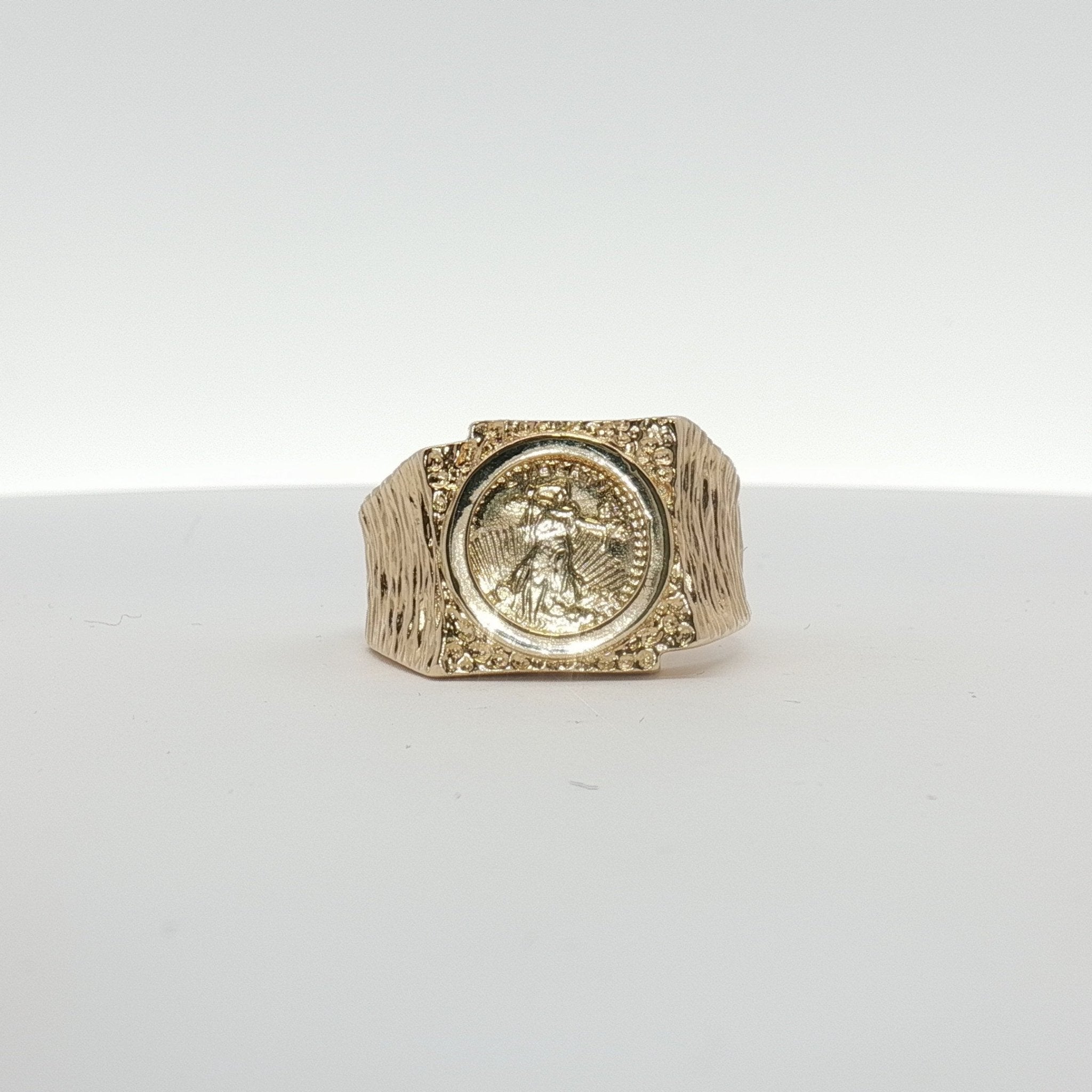14K yellow gold coin ring from Gold & Beyond jewelry, featuring a detailed coin design on a smooth band.
