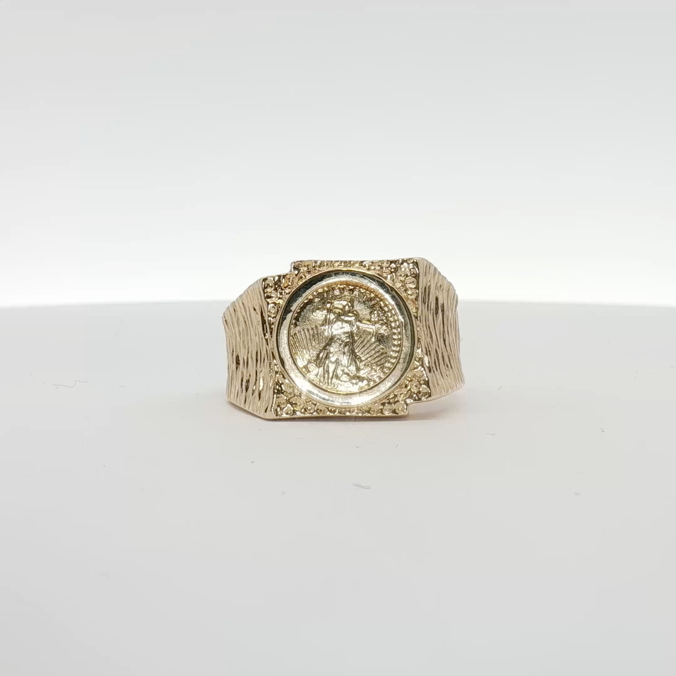 14K yellow gold coin ring featuring intricate detailing, crafted by Gold & Beyond in elegant jewelry style.