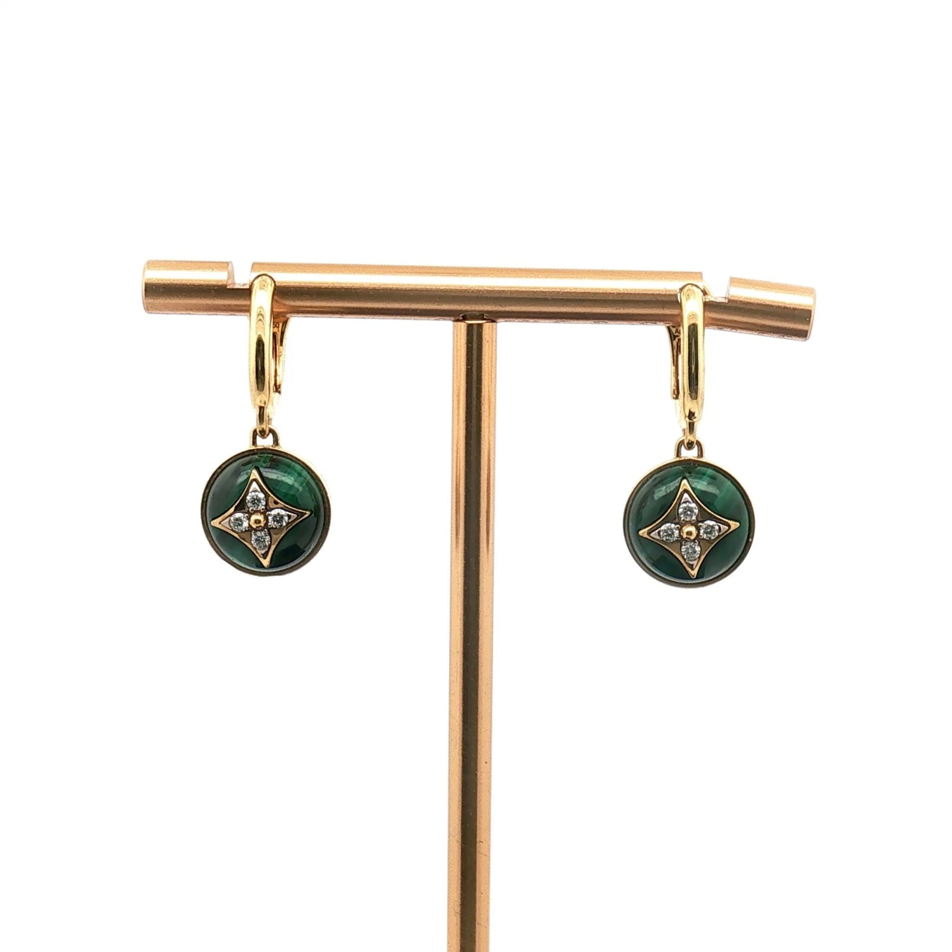 Louis Vuitton Blossom Malachite diamond drop earrings in 18K yellow gold featuring floral design and sparkling gemstones.