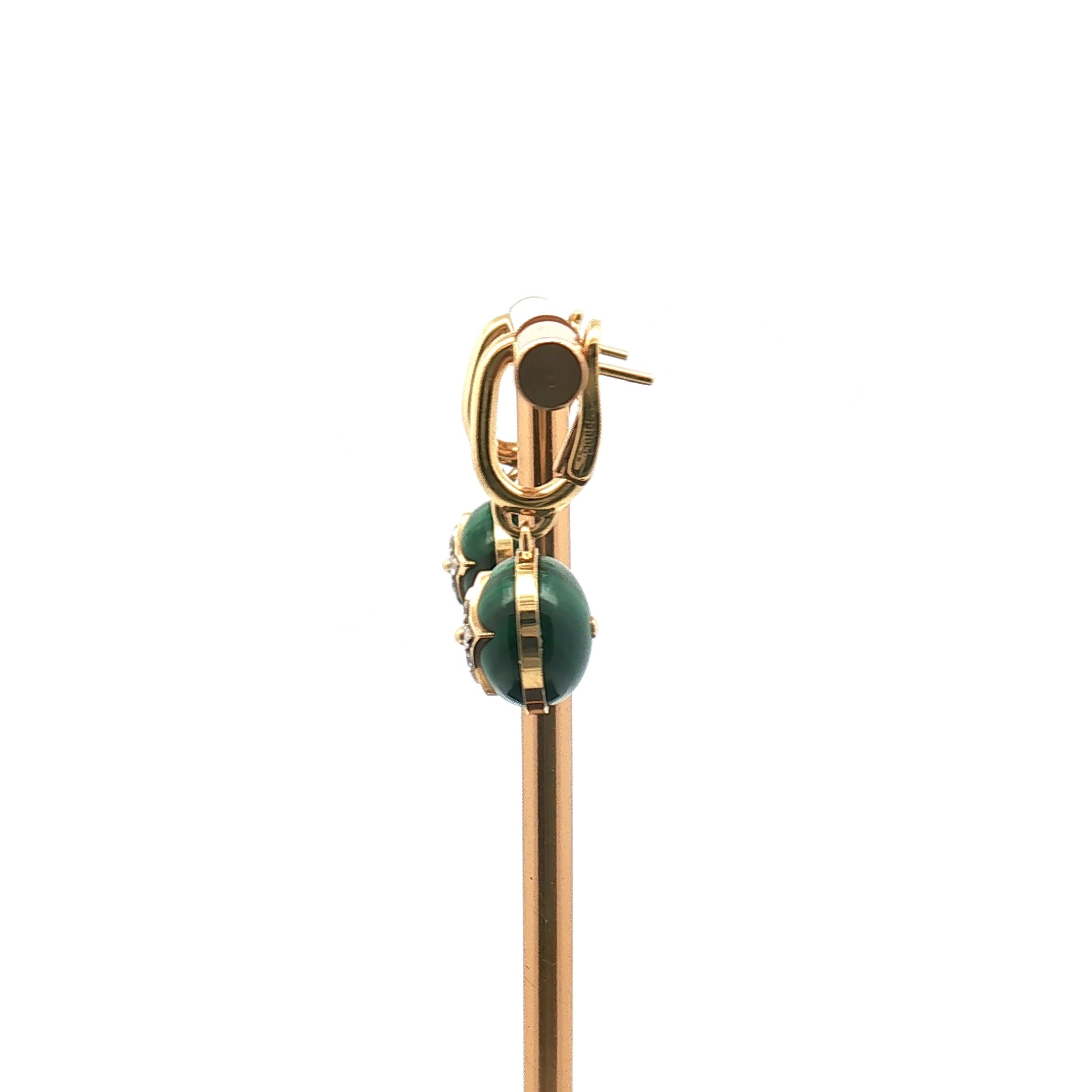 Louis Vuitton Blossom Malachite diamond drop earrings in 18K yellow gold, featuring vibrant green stones and sparkling diamonds.