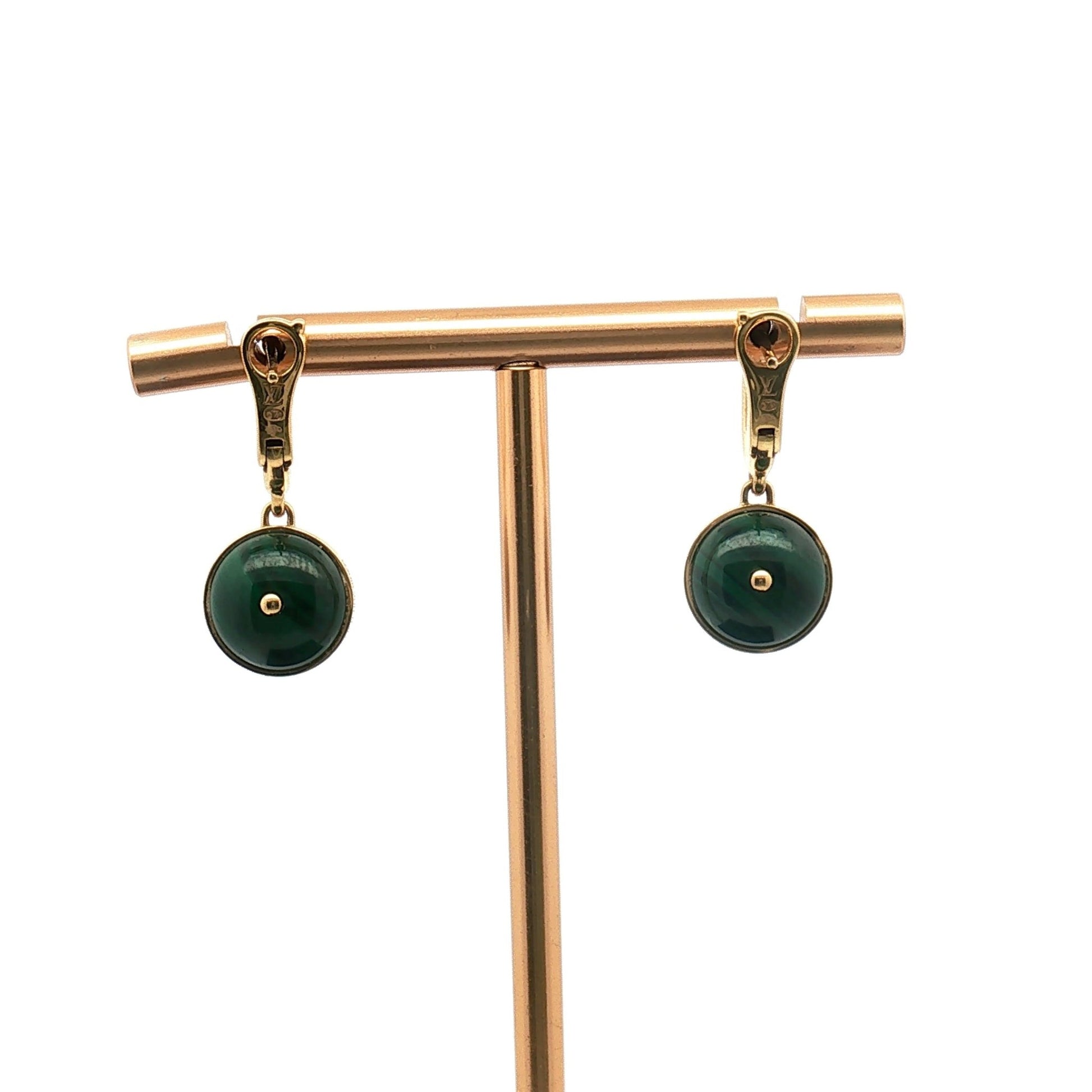 Louis Vuitton Blossom Malachite Diamond Drop Earrings in 18K yellow gold, featuring green malachite and sparkling diamonds.