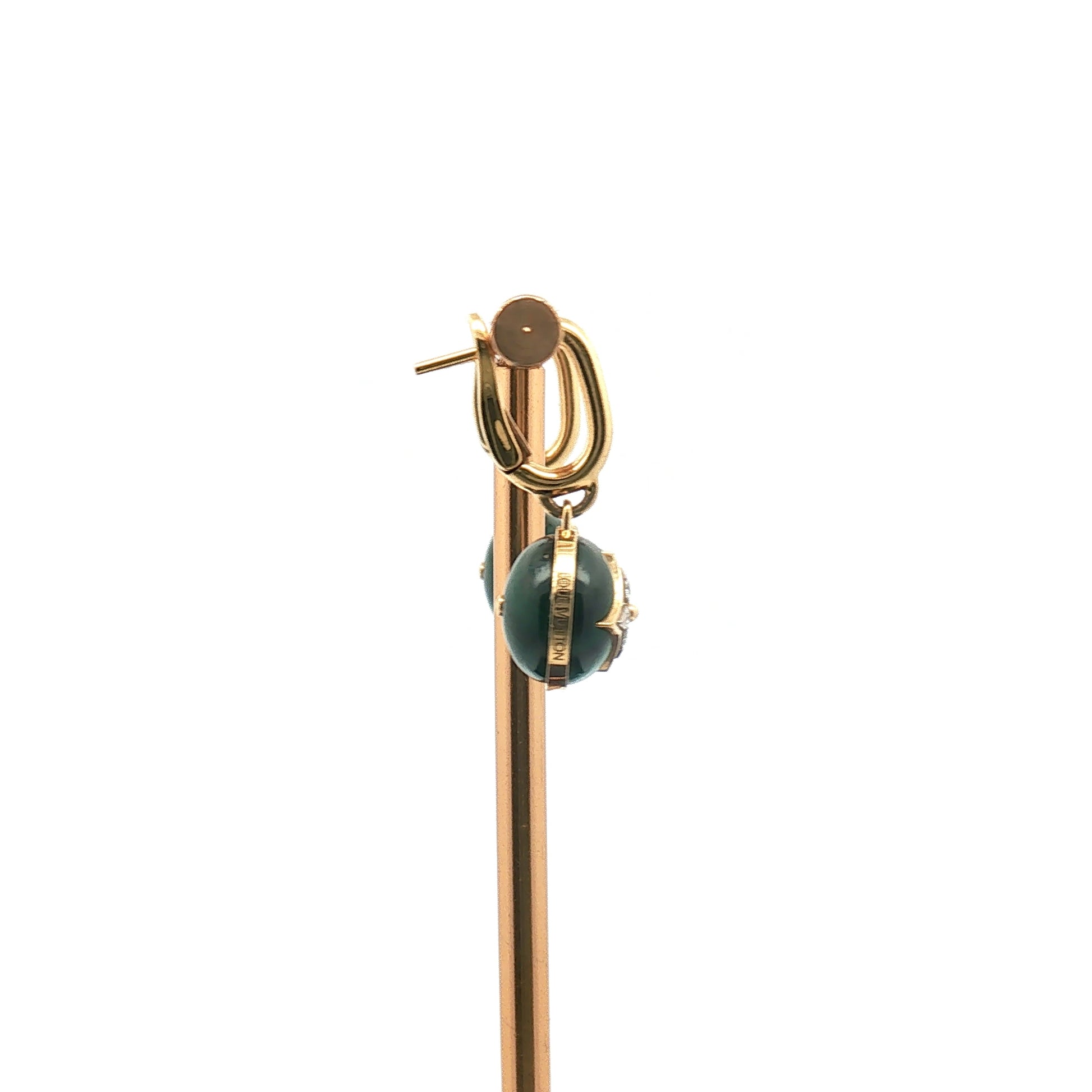 Louis Vuitton Blossom Malachite diamond drop earrings in 18K yellow gold with intricate floral design and sparkling gemstones.