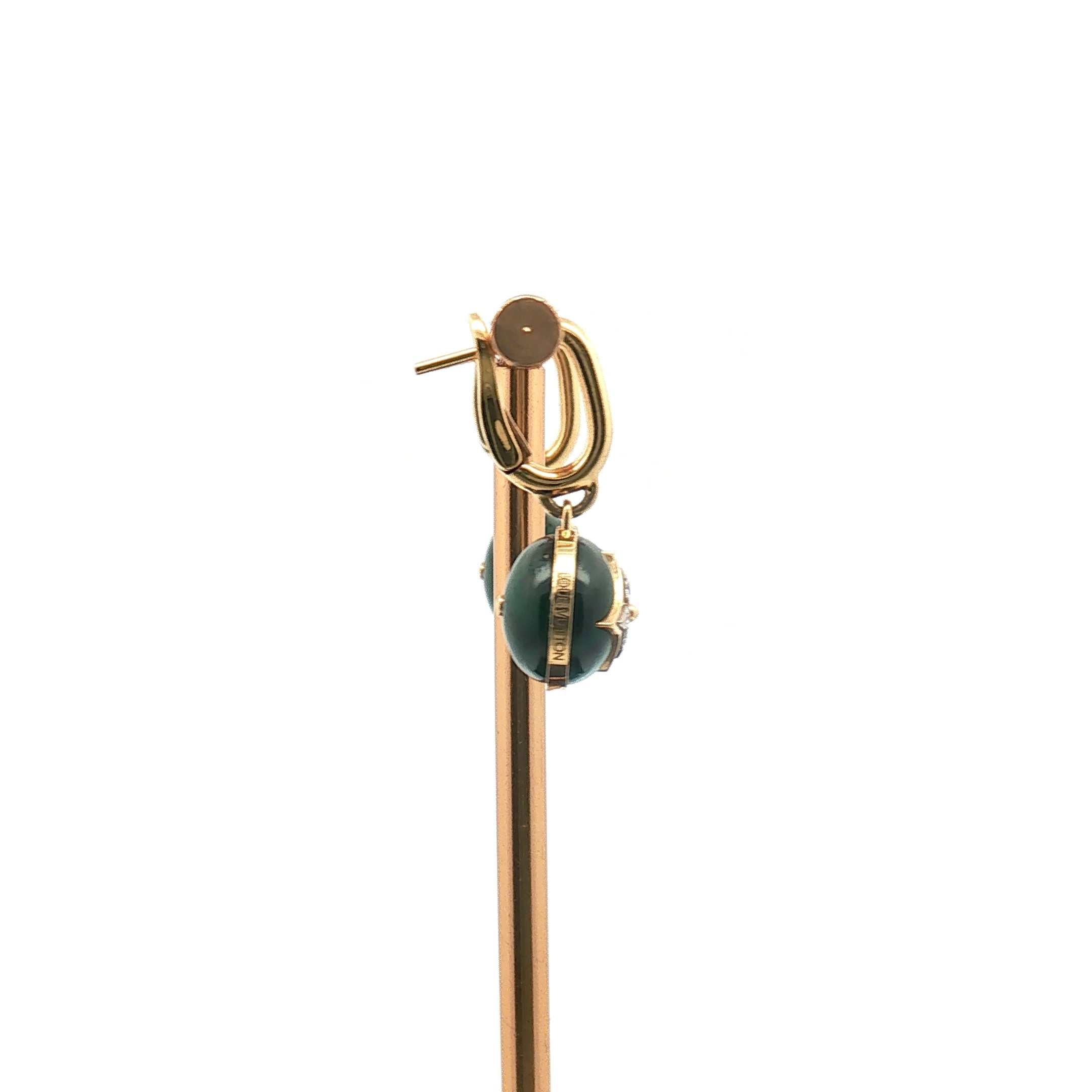 Louis Vuitton Blossom Malachite diamond drop earrings in 18K yellow gold with intricate floral design and sparkling gemstones.