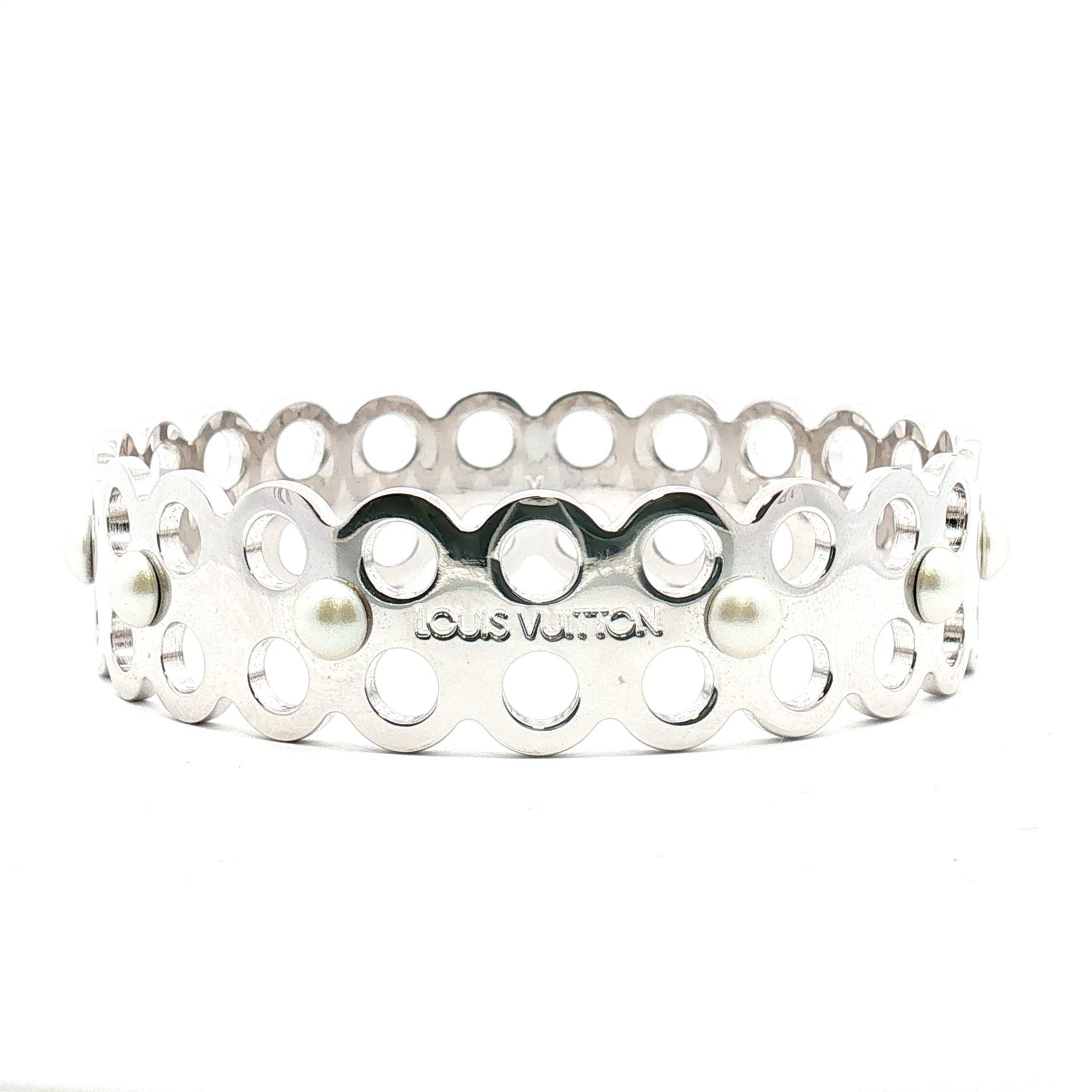 Louis Vuitton Hide and Seek Faux Pearl Bracelet, elegant jewelry piece with faux pearls and gold accents, displayed on a neutral background.