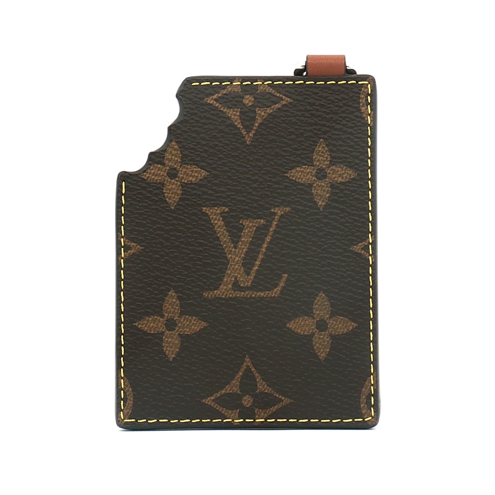 Louis Vuitton chocolate bar bag charm and key holder, gold accents, decorative accessory for handbags and keys.