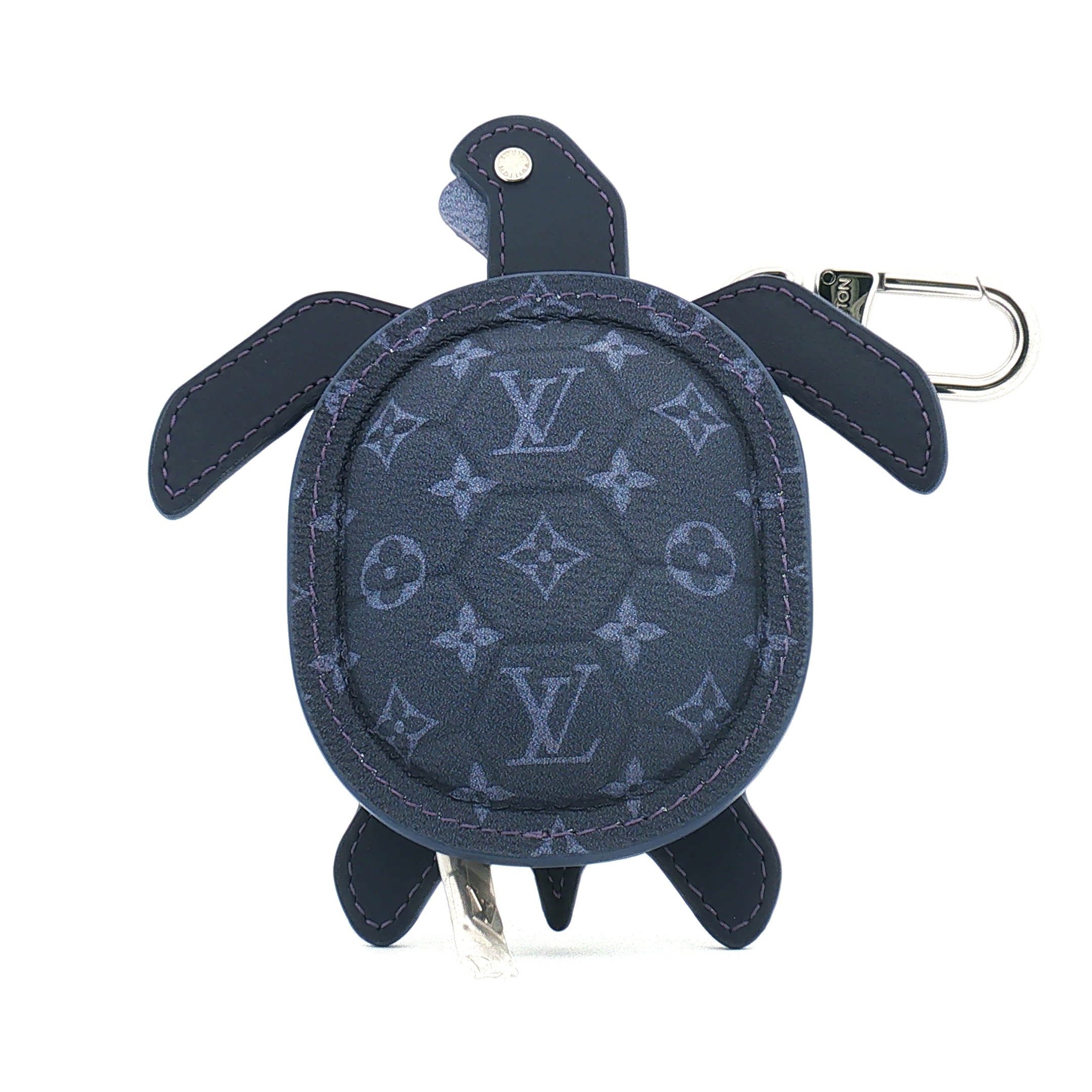 Louis Vuitton Navy LV Turtle Pouch Bag Charm accessory with gold accents, designed for attaching to handbags.