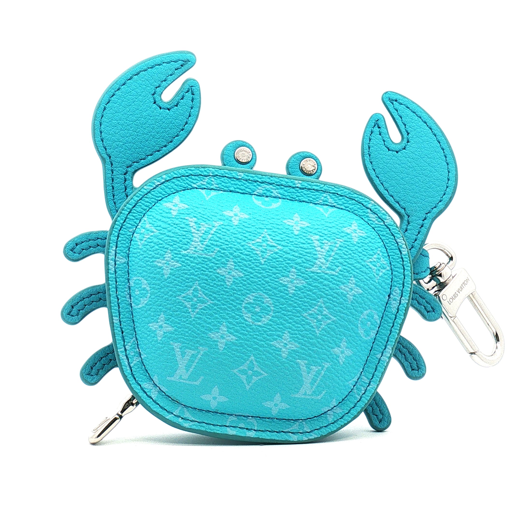 Louis Vuitton baby blue LV crab bag charm zipper pouch with gold accents, accessories item from Gold & Beyond.
