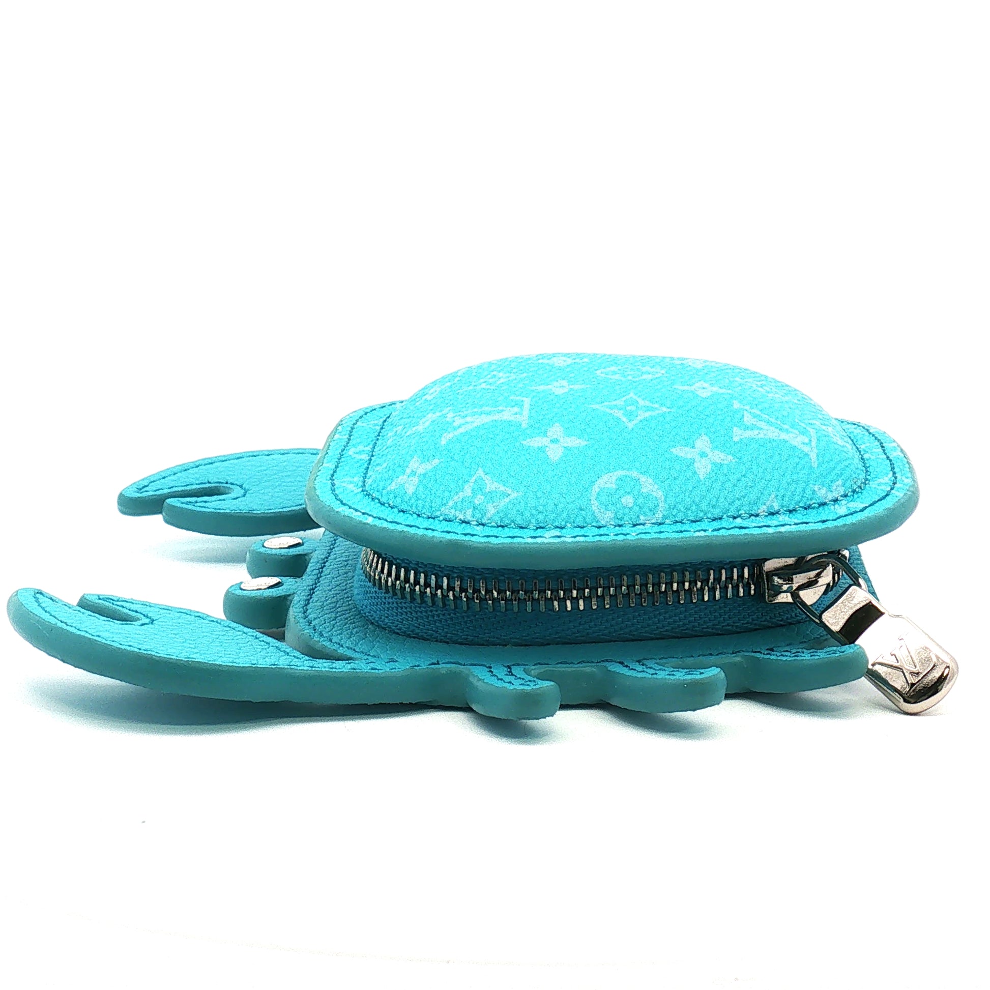 Louis Vuitton baby blue LV crab bag charm zipper pouch, gold-tone accessories with detailed LV logo and crab design.