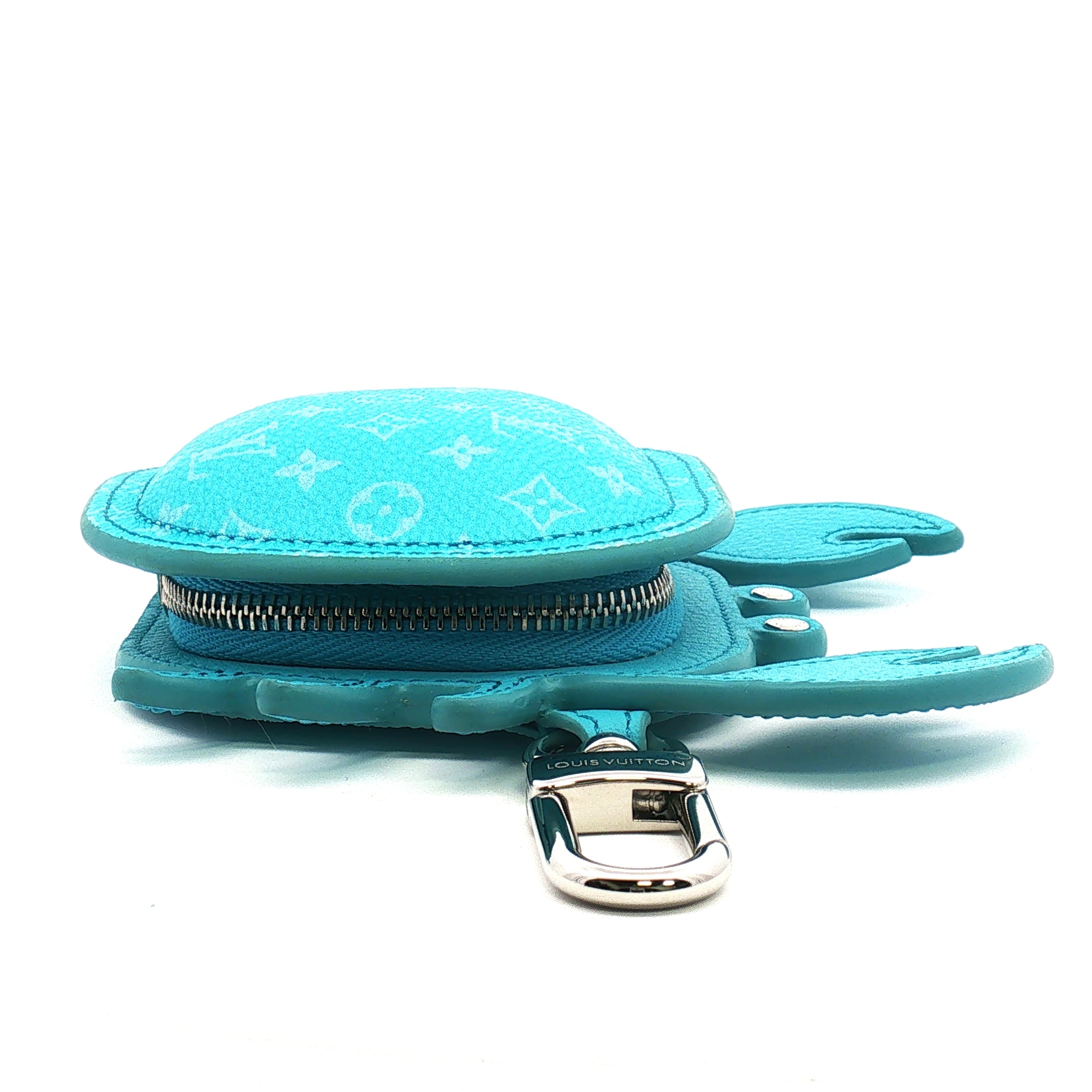 Louis Vuitton baby blue LV crab bag charm zipper pouch, gold hardware, accessories, stylish and playful design, high-quality materials