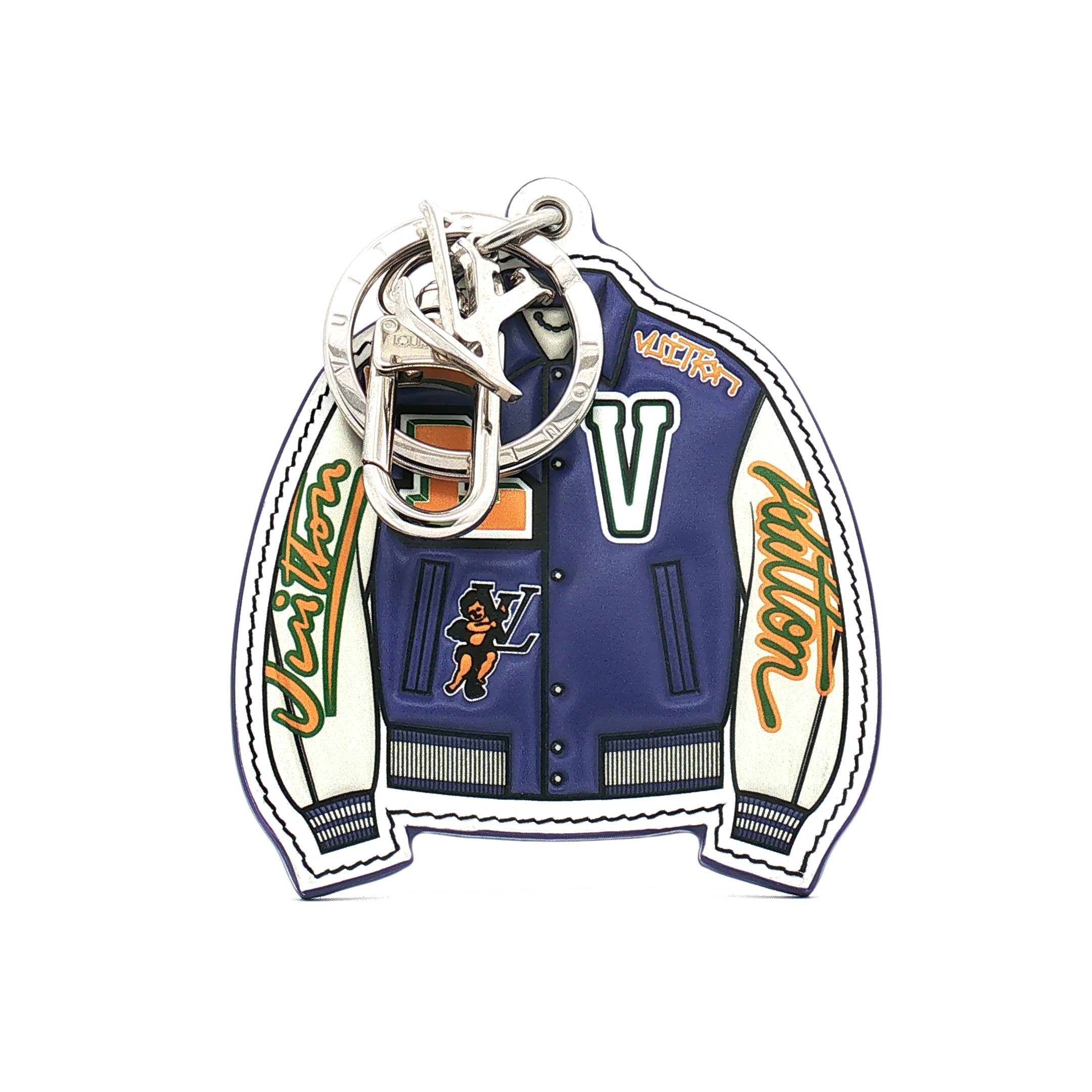 Gold & Beyond Louis Vuitton varsity jacket bag charm, gold-tone accessories with LV logo details, stylish and trendy for bags.