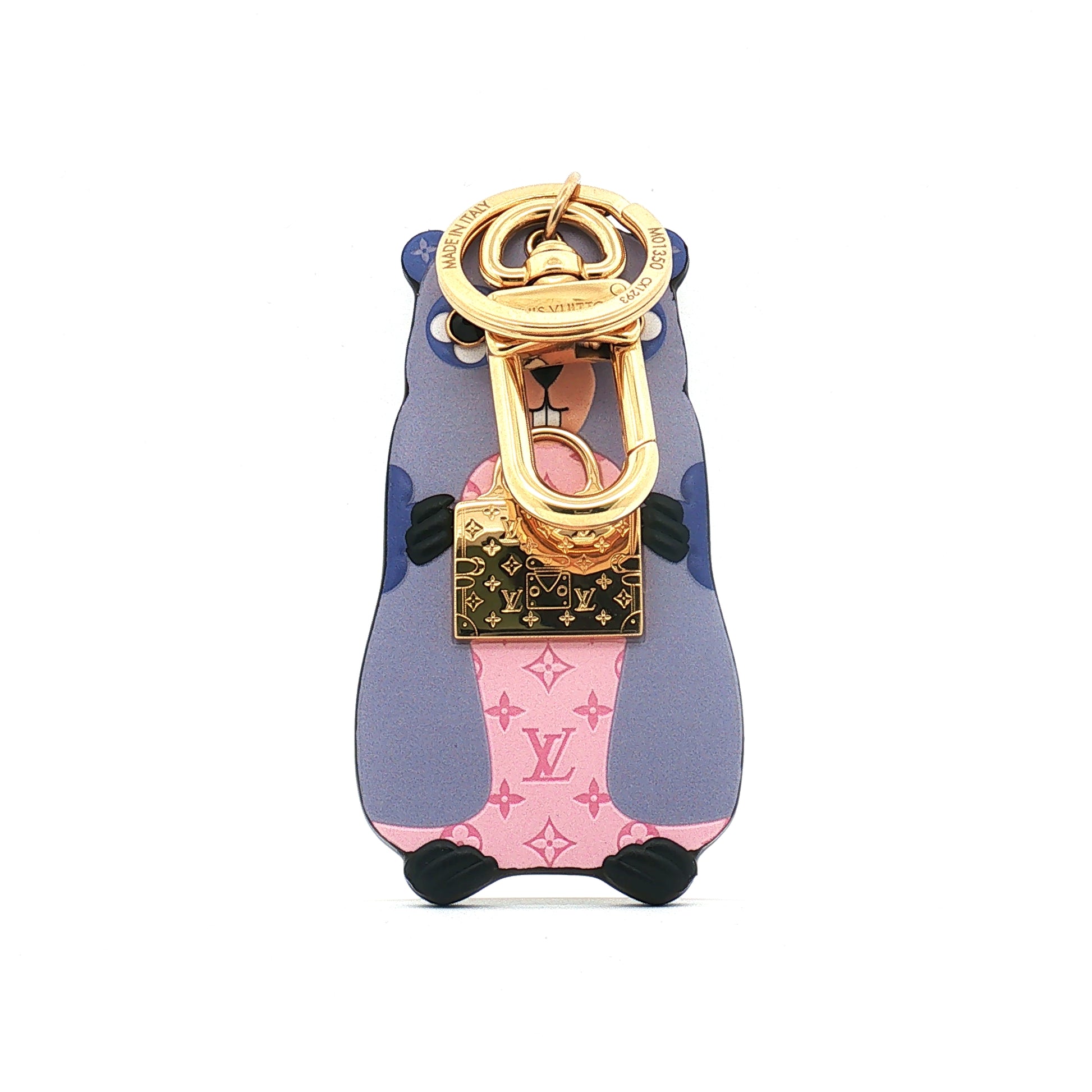 Louis Vuitton LV Marmotte bag charm and key holder with gold accents, accessory featuring the iconic LV logo and detailed design.