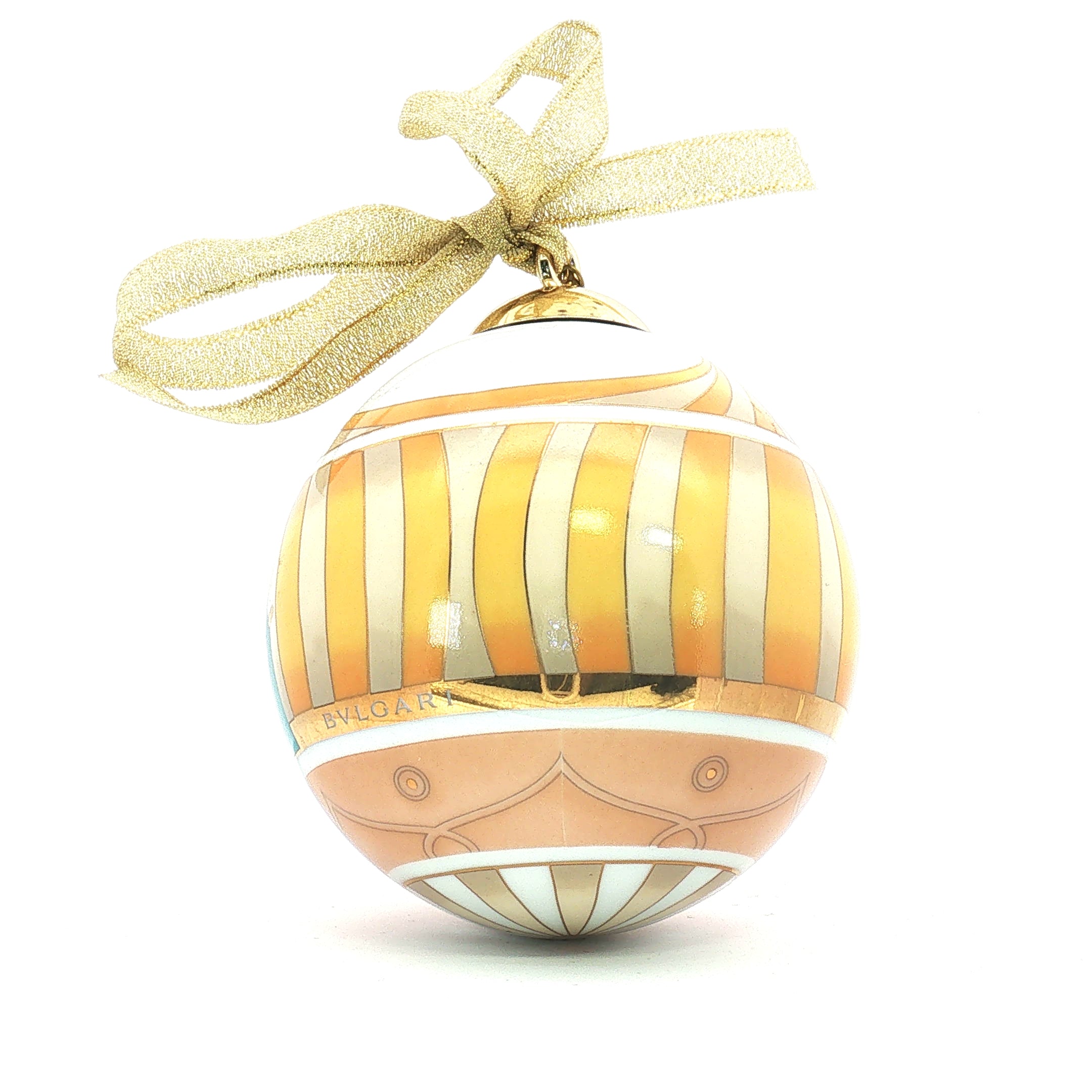 Bvlgari x Rosenthal porcelain Christmas ball ornament with intricate design, hanging as a decorative holiday accessory.