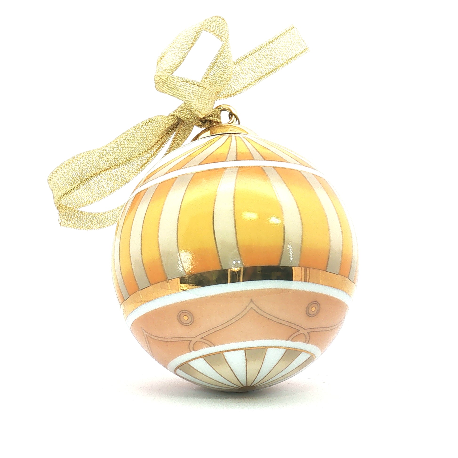 Bvlgari x Rosenthal porcelain Christmas ball ornament with intricate gold design, hanging as a festive holiday accessory.