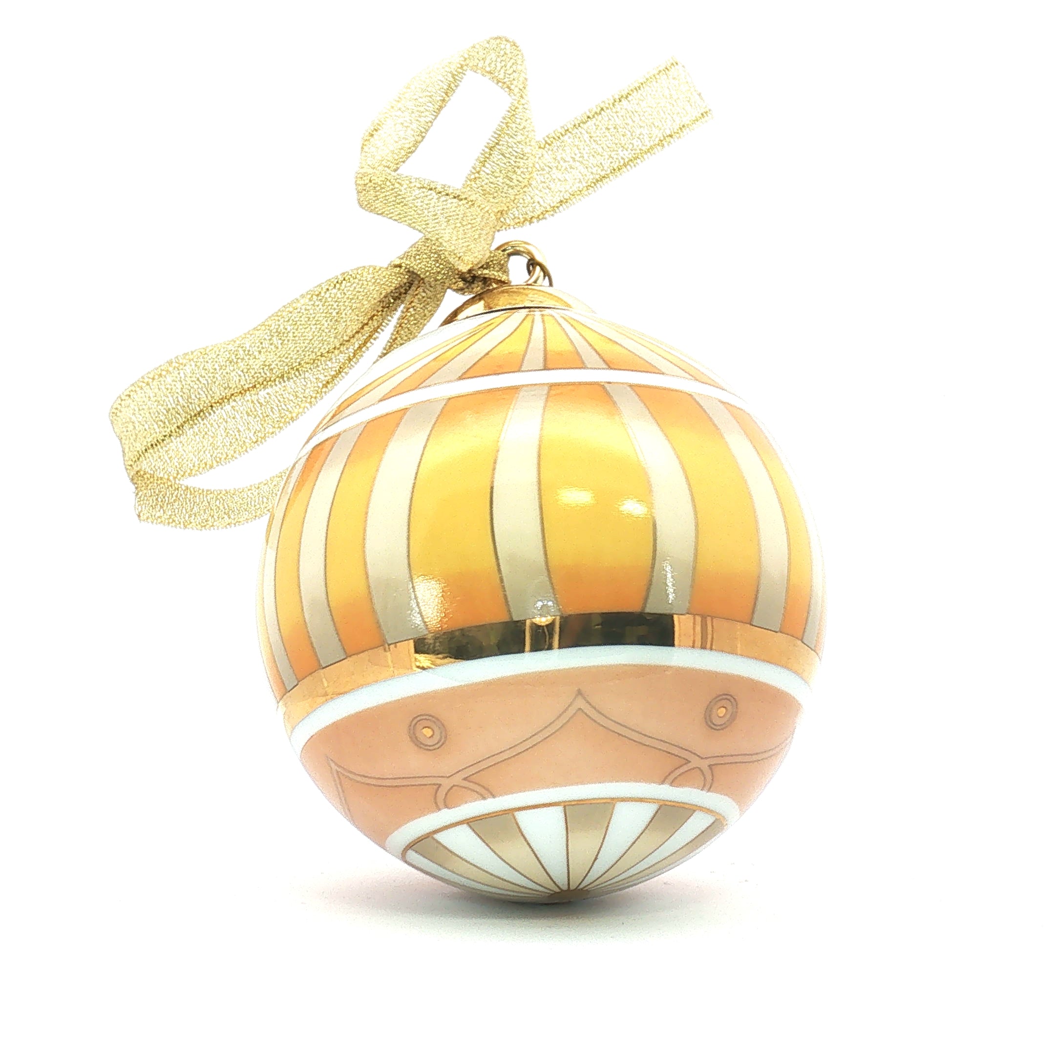 Bvlgari x Rosenthal porcelain Christmas ball ornament with intricate gold design, hanging as a festive holiday accessory.