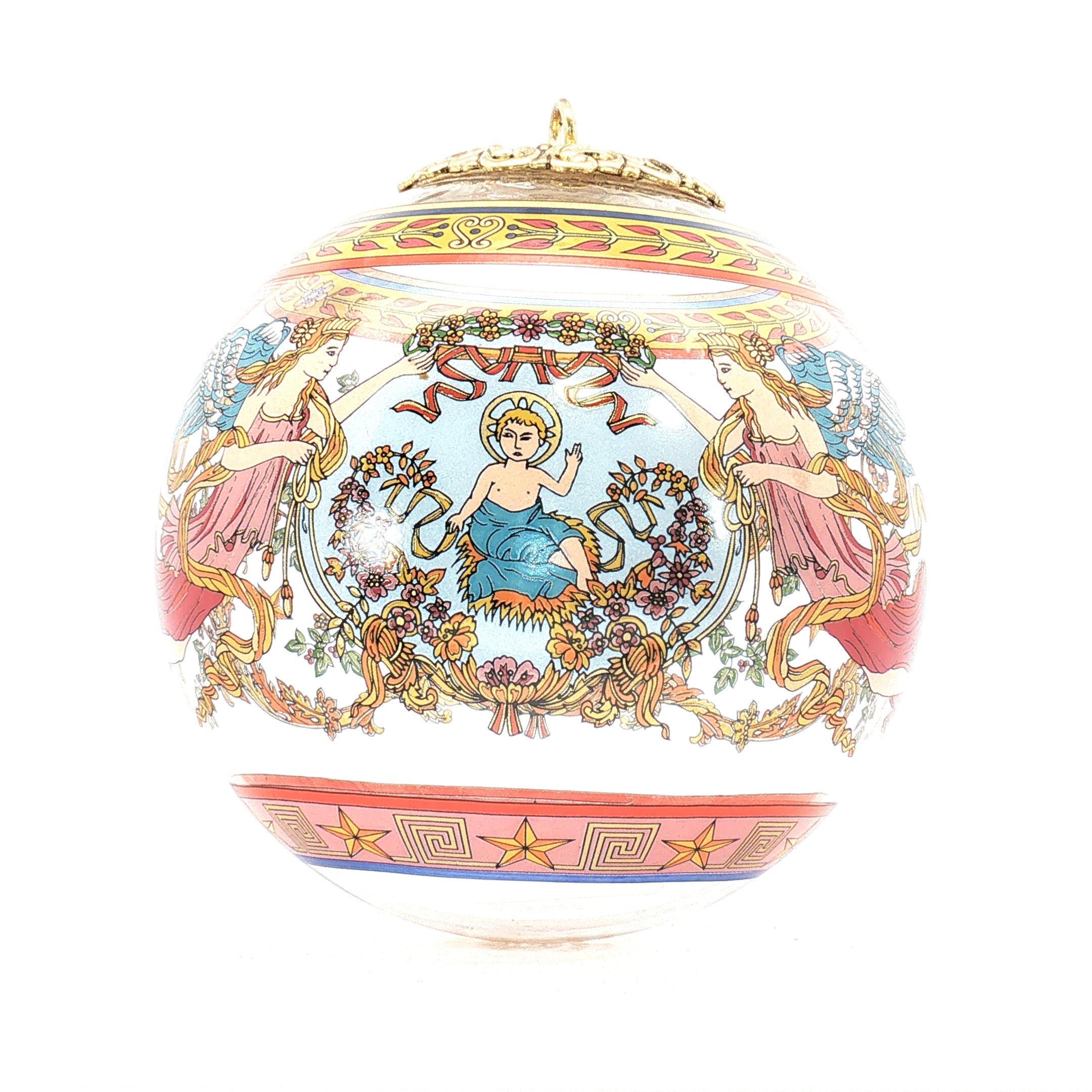 Versace x Rosenthal Nativity glass Christmas ball ornament, decorative holiday accessory with intricate design, by Gold & Beyond.
