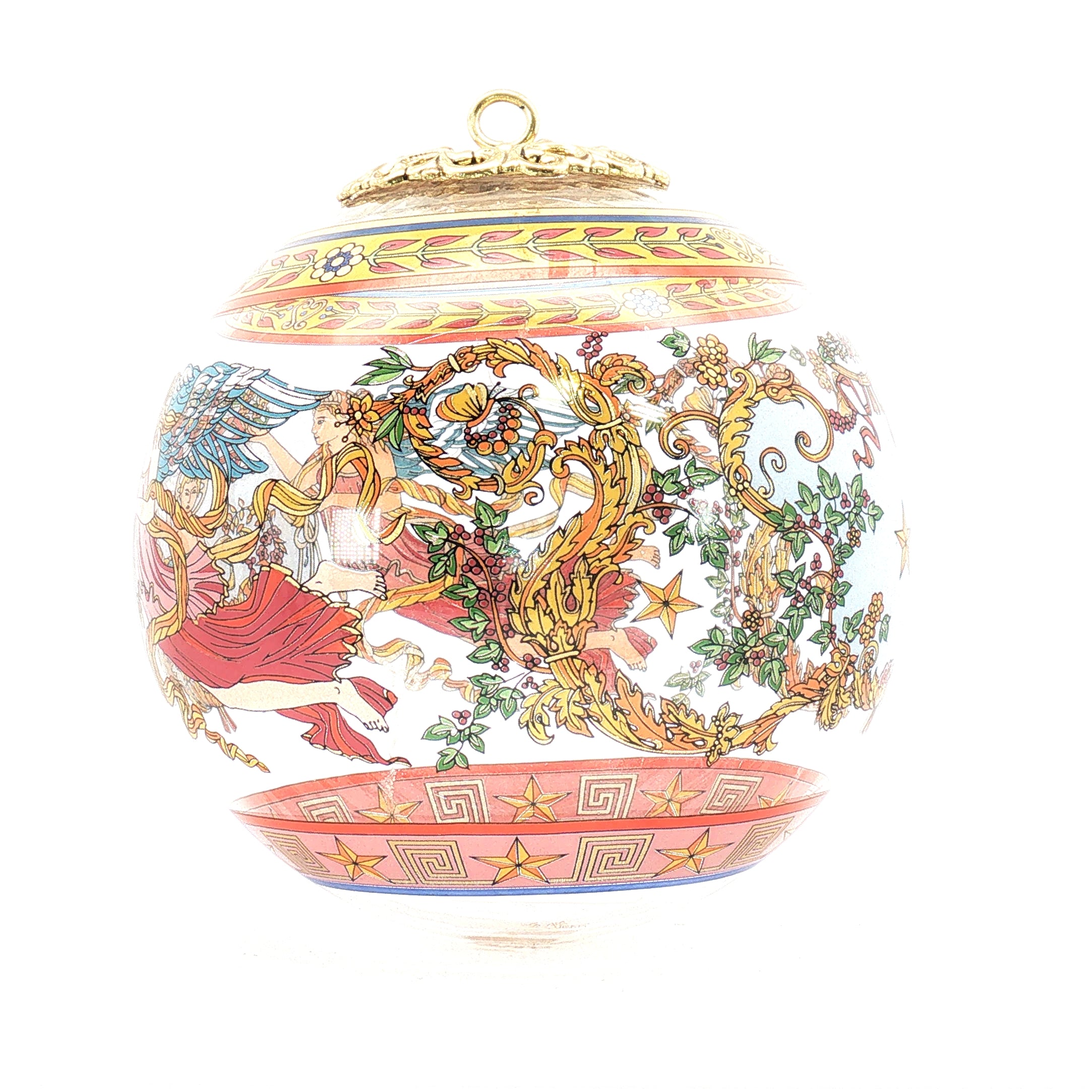Versace x Rosenthal Nativity glass Christmas ball ornament, decorative holiday accessory with intricate design and festive appeal.