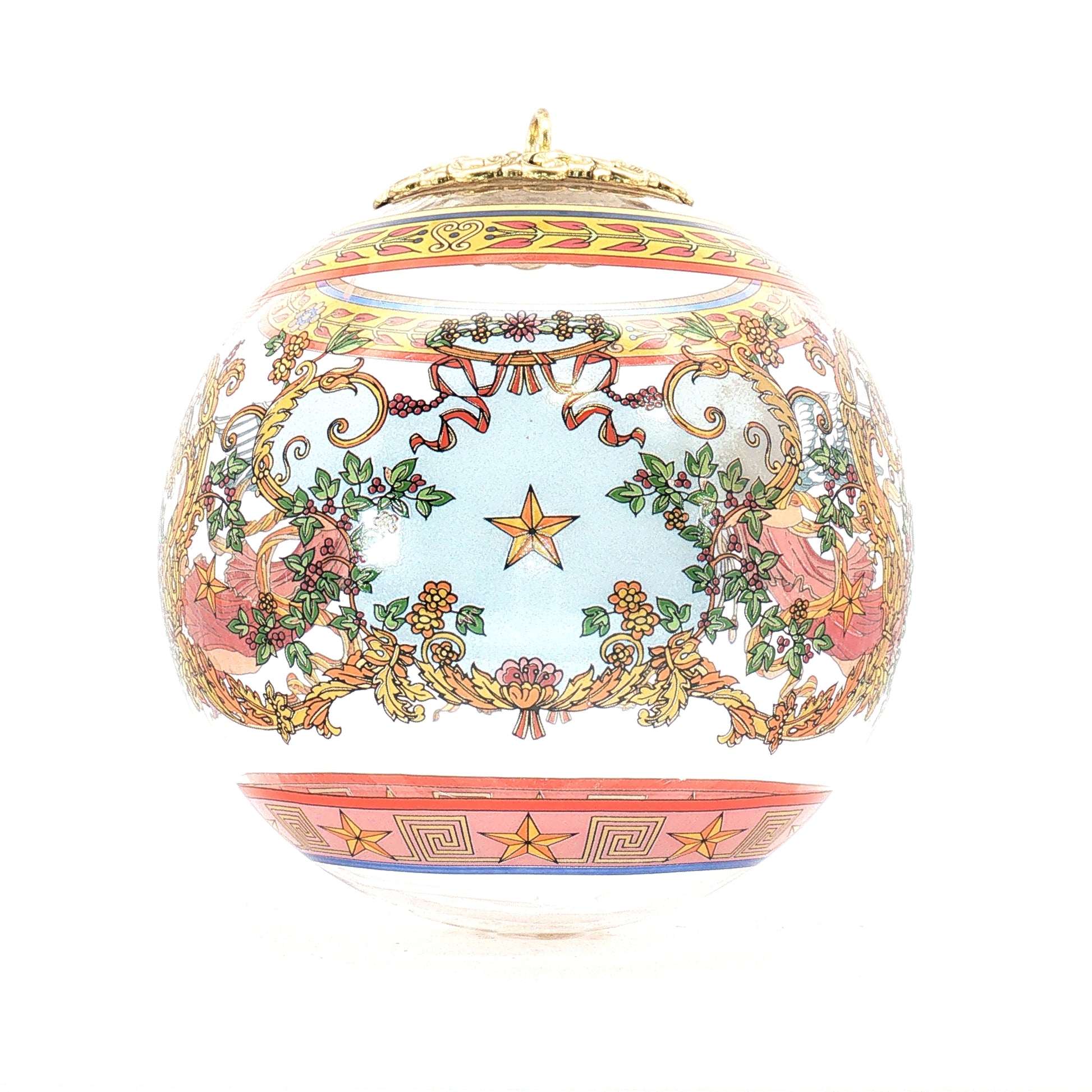 Versace x Rosenthal glass nativity Christmas ball ornament, decorative holiday accessory with intricate design.