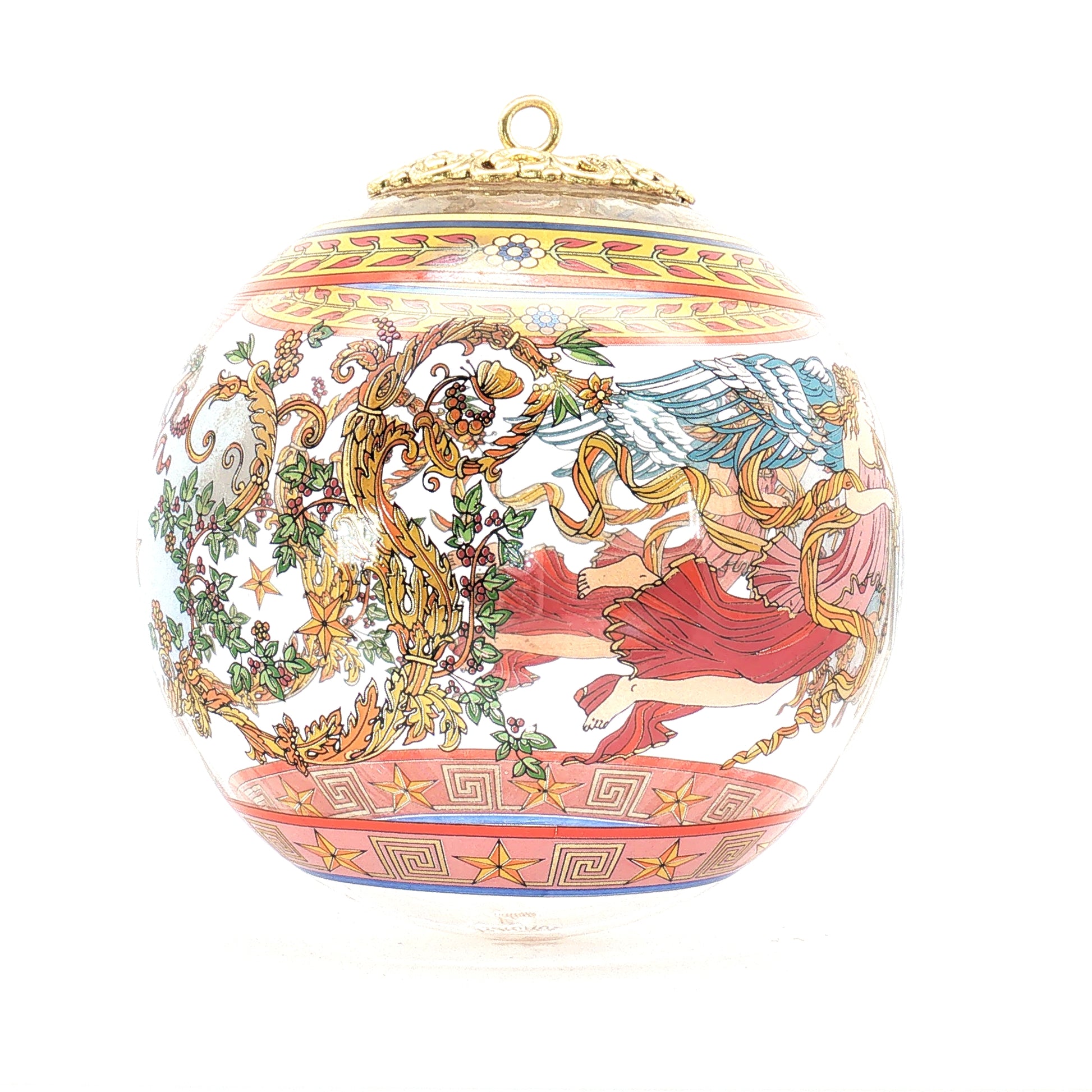 Versace x Rosenthal nativity glass Christmas ball ornament, decorative holiday accessory with intricate design, by Gold & Beyond.