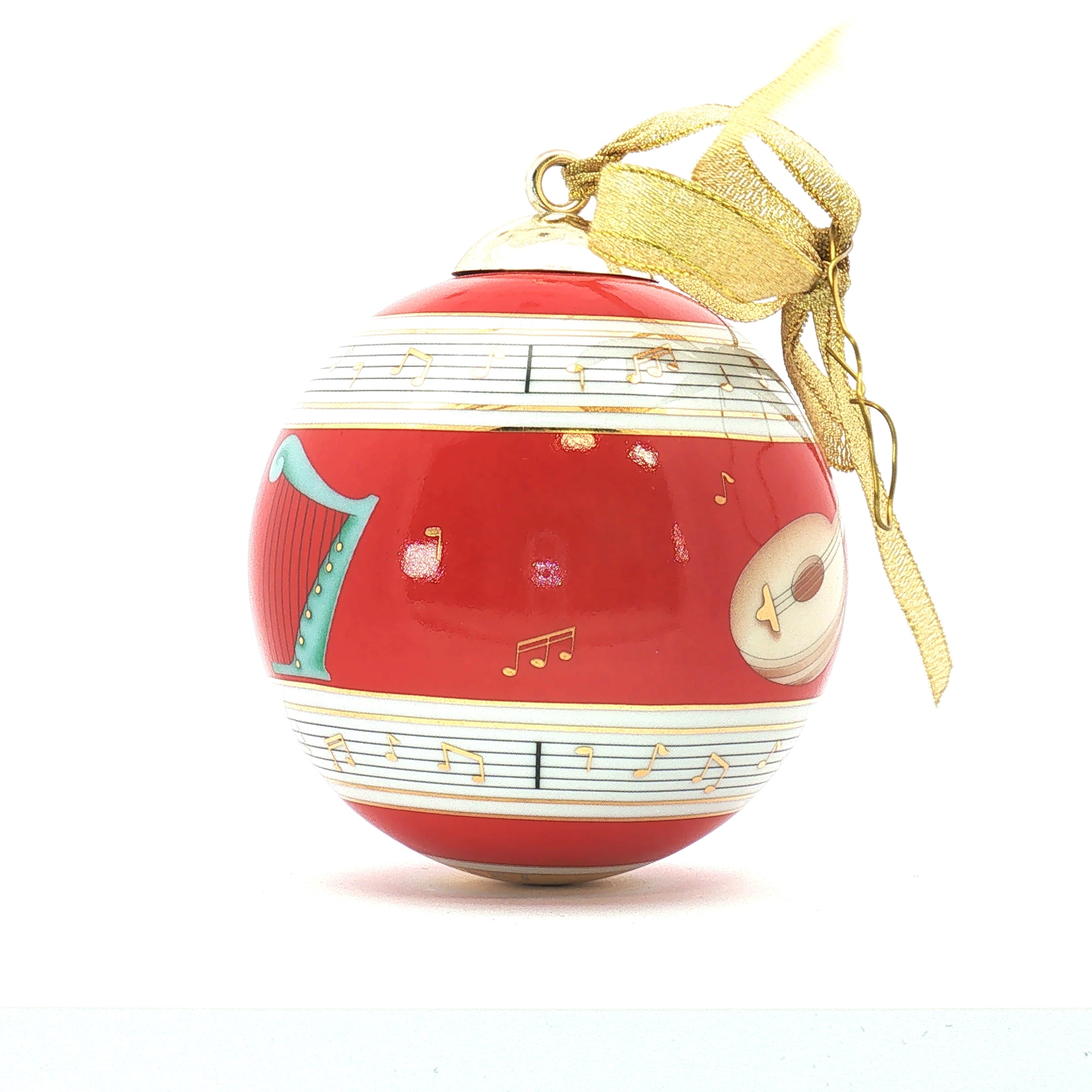 Bvlgari x Rosenthal red porcelain Christmas ball ornament with musical design, decorative holiday accessory by Gold & Beyond.