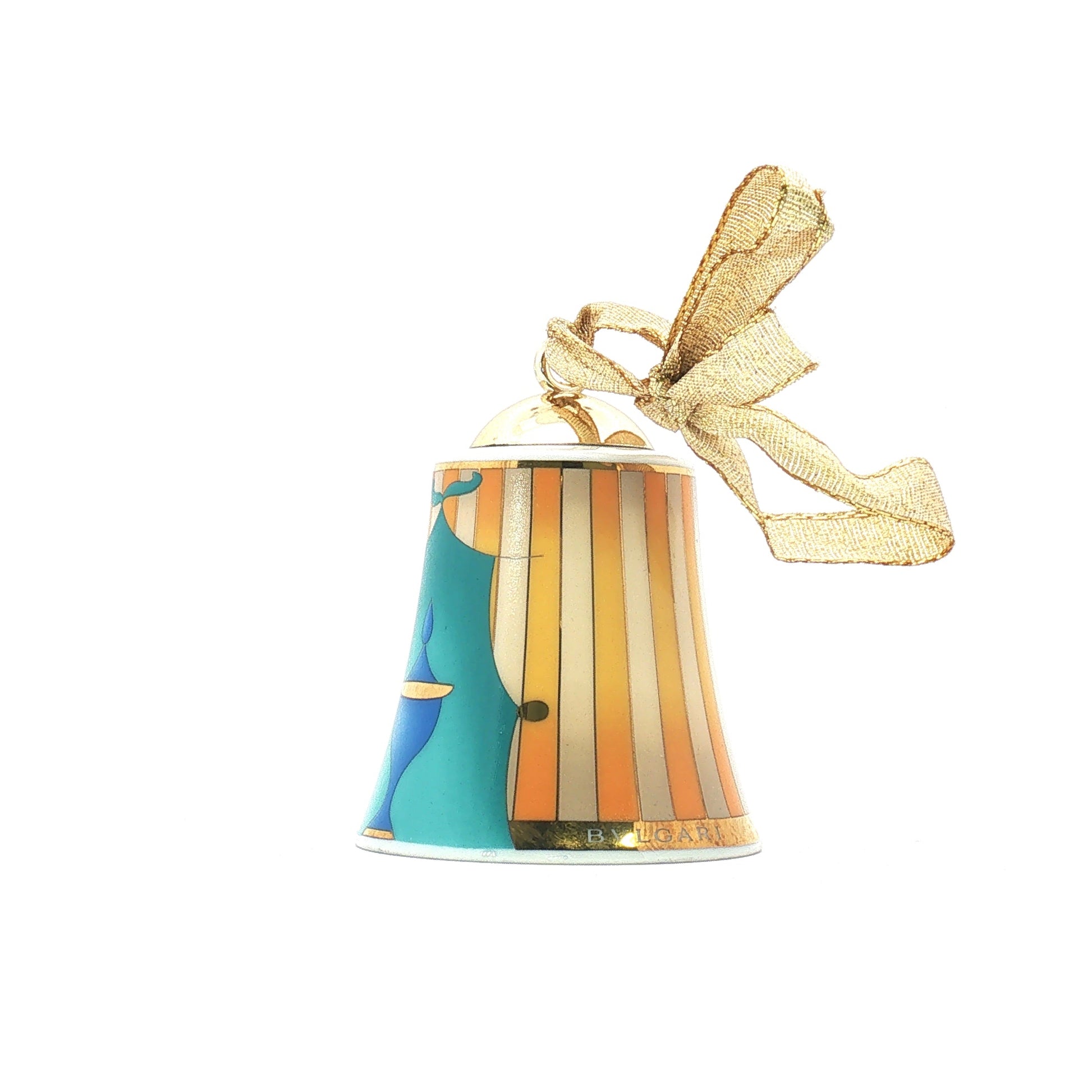 Bvlgari x Rosenthal multicolor porcelain Christmas bell ornament, decorative holiday accessory with intricate design.