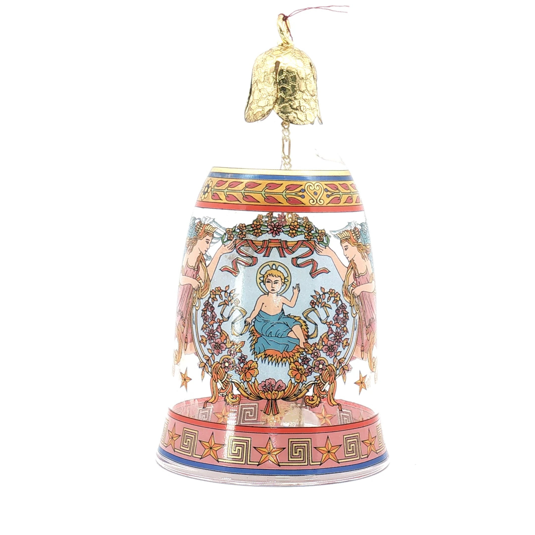 Versace x Rosenthal Nativity glass Christmas bell ornament in clear, decorative accessory with intricate detailing.