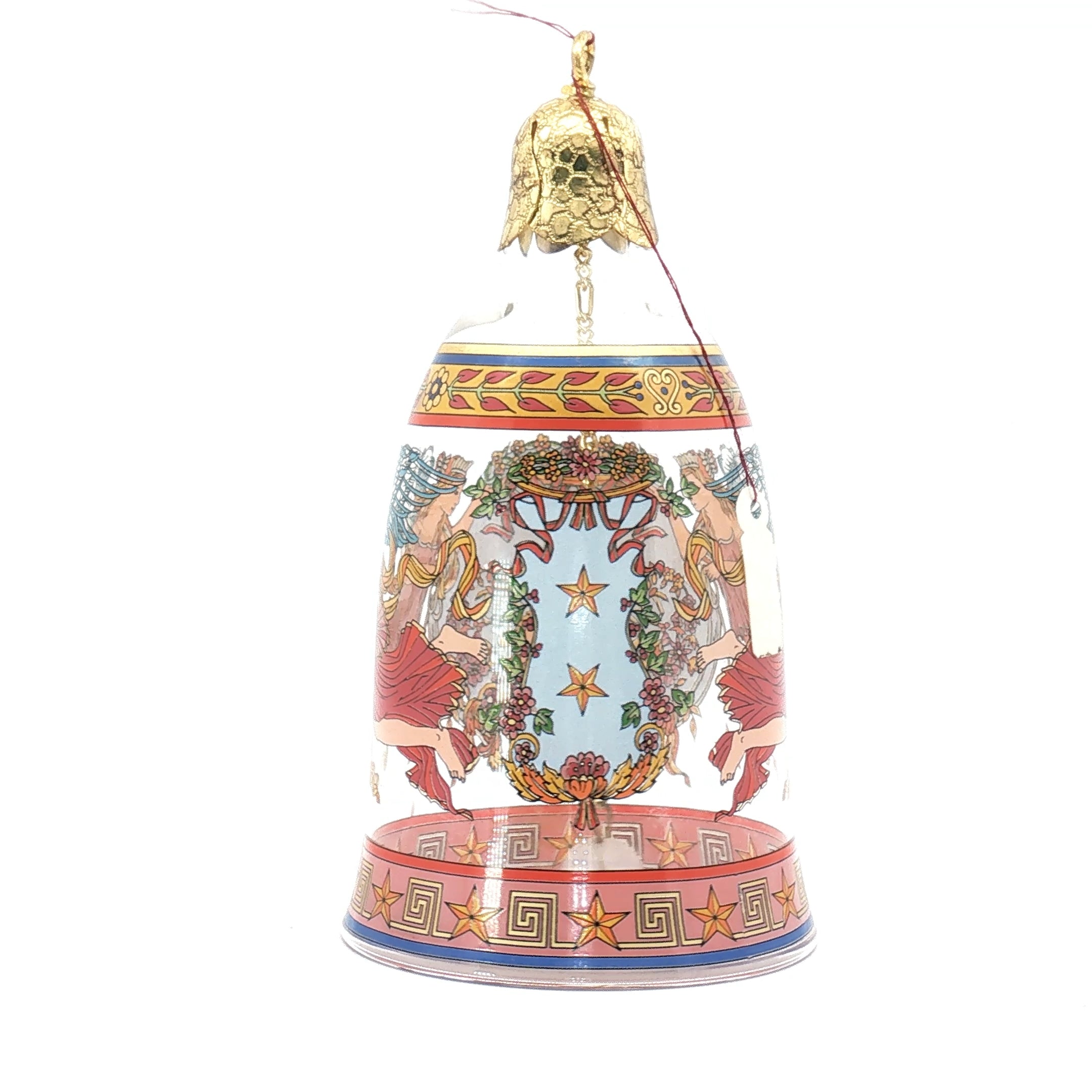 Versace x Rosenthal Nativity glass Christmas bell ornament, decorative holiday accessory with intricate design and festive appeal.