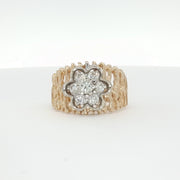 14K yellow gold diamond flower cluster ring with intricate design, showcasing sparkling diamonds and elegant jewelry craftsmanship.