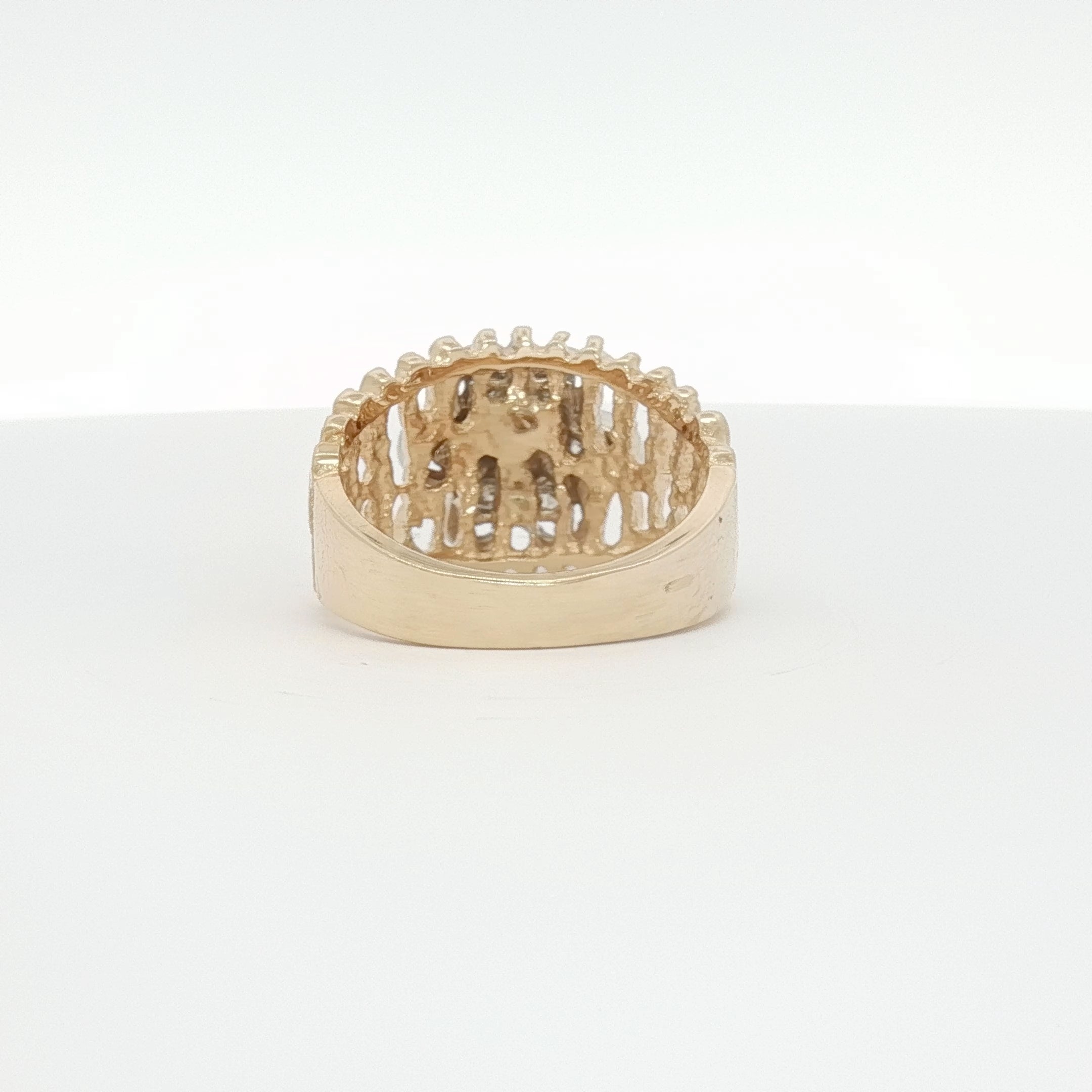 14K yellow gold diamond flower cluster ring showcasing a detailed floral design with sparkling diamonds.