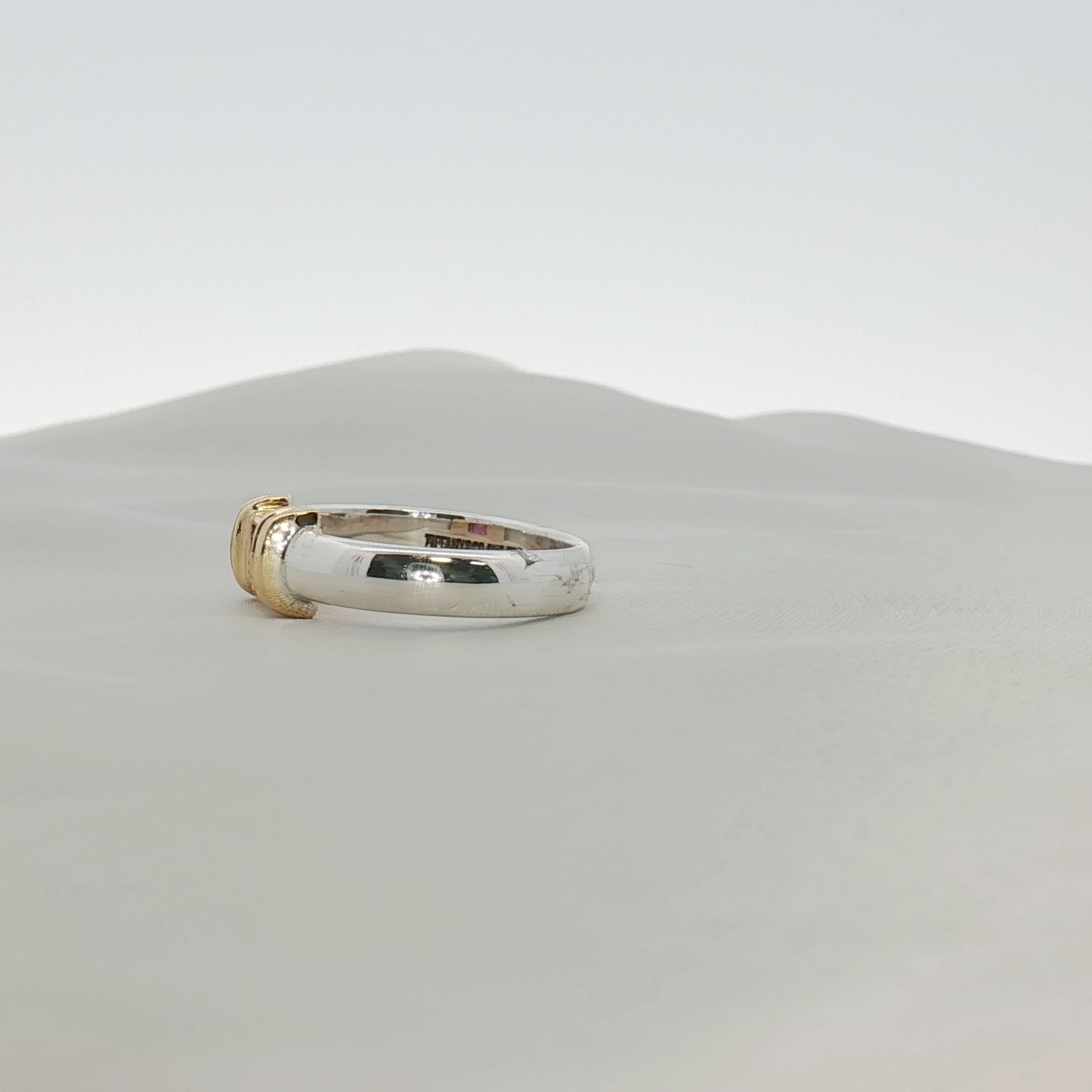 Two-tone Tiffany & Co. sterling silver and 18K gold ruby ring with a polished finish, showcasing intricate design details.