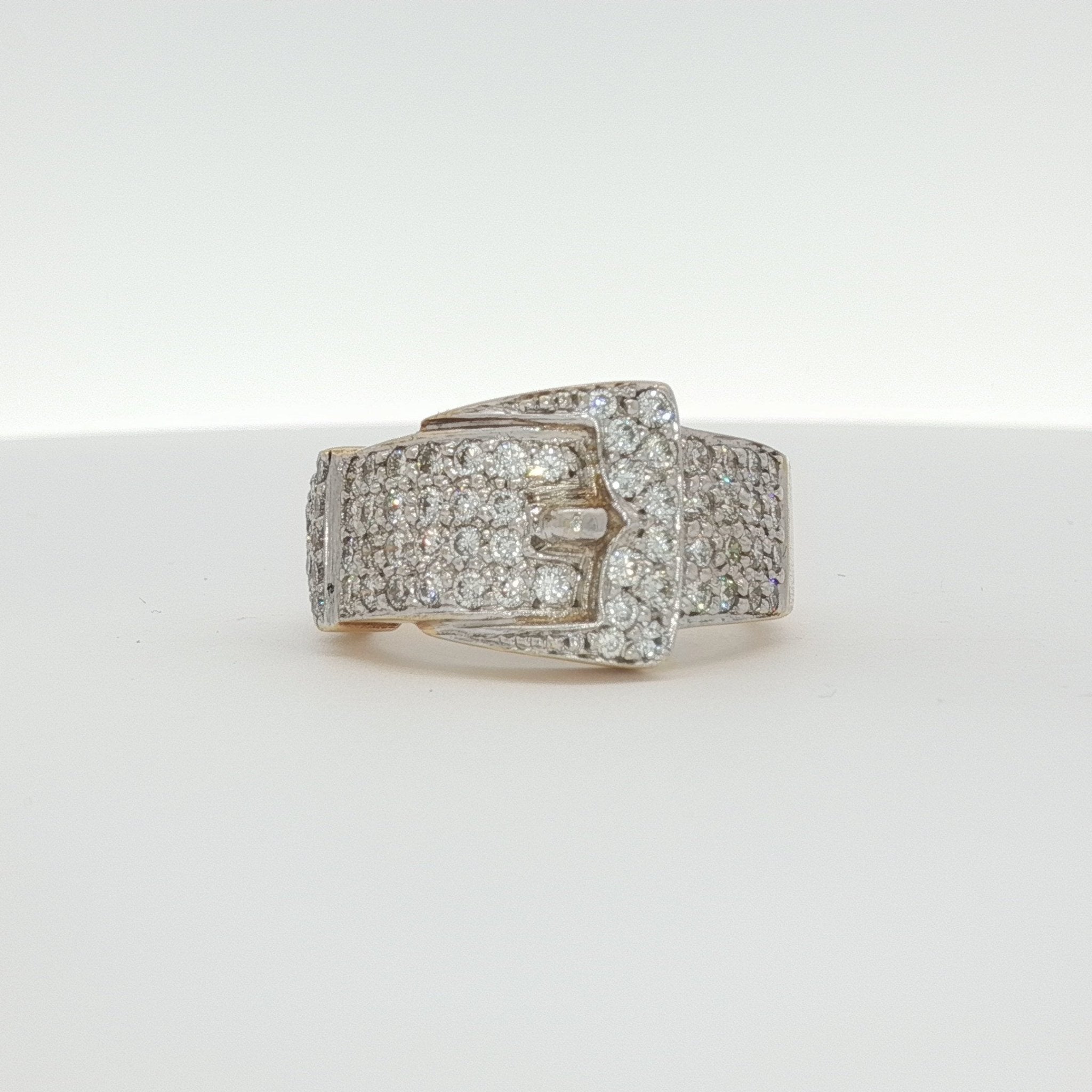 14K yellow gold diamond belt buckle ring by Gold & Beyond featuring a sleek design with sparkling diamonds and polished finish.