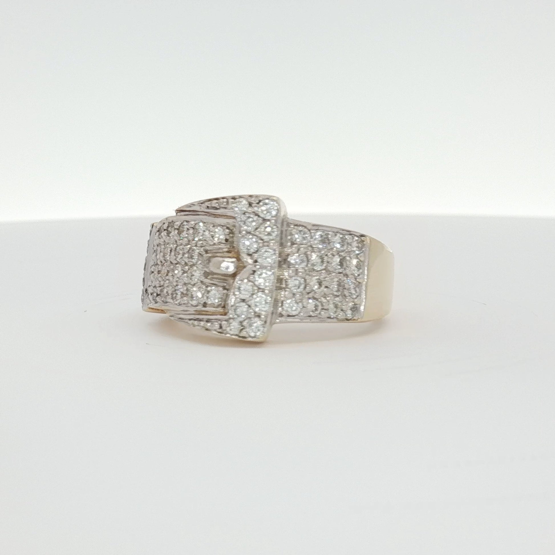 14K yellow gold diamond belt buckle ring with sparkling diamonds, crafted by Gold & Beyond in elegant jewelry style.