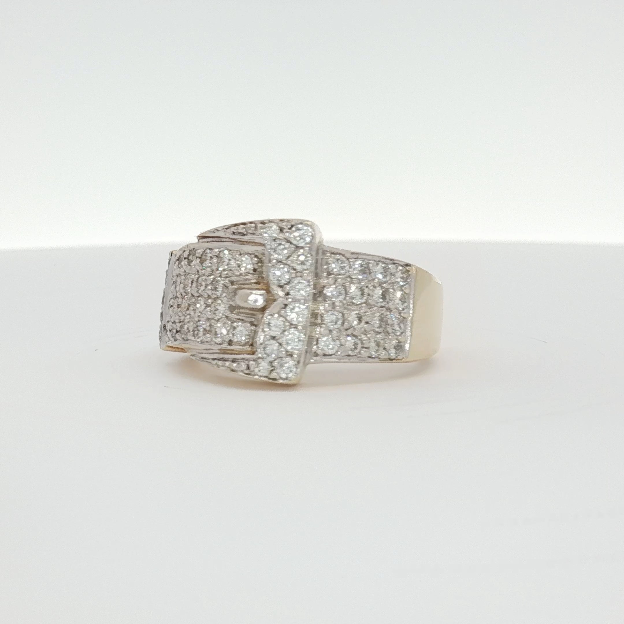 14K yellow gold diamond belt buckle ring with sparkling diamonds, crafted by Gold & Beyond in elegant jewelry style.