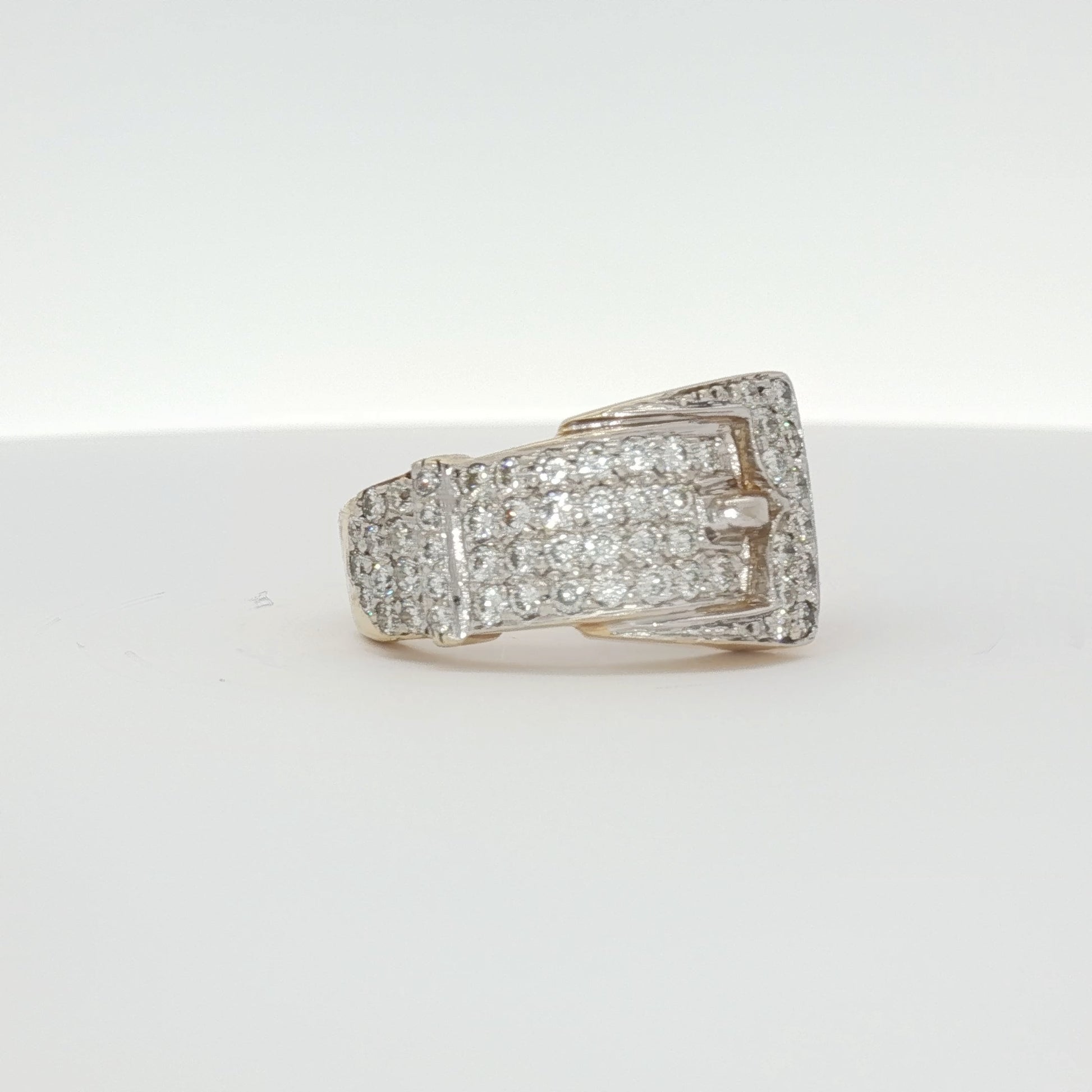 14K yellow gold diamond belt buckle ring from Gold & Beyond, featuring a sleek jewelry design with sparkling diamonds.